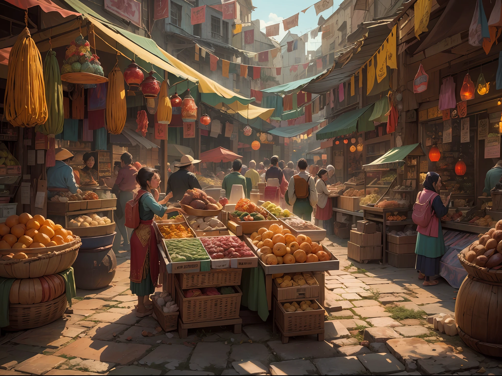 "(ultra-detailed CG unity 8k wallpaper, masterpiece, best quality, depth of field, HDR, intricate), from Greg Rutkowski, Stunning and vibrant image of a bustling bazaar. Showcasing a variety of colorful stalls, lively characters, and vibrant cultural elements. Capture the essence of the marketplace with vibrant colors, intricate details, and dynamic compositions. Let the scene come alive with the hustle and bustle of people, exotic goods, and the vibrant atmosphere of a bustling marketplace."