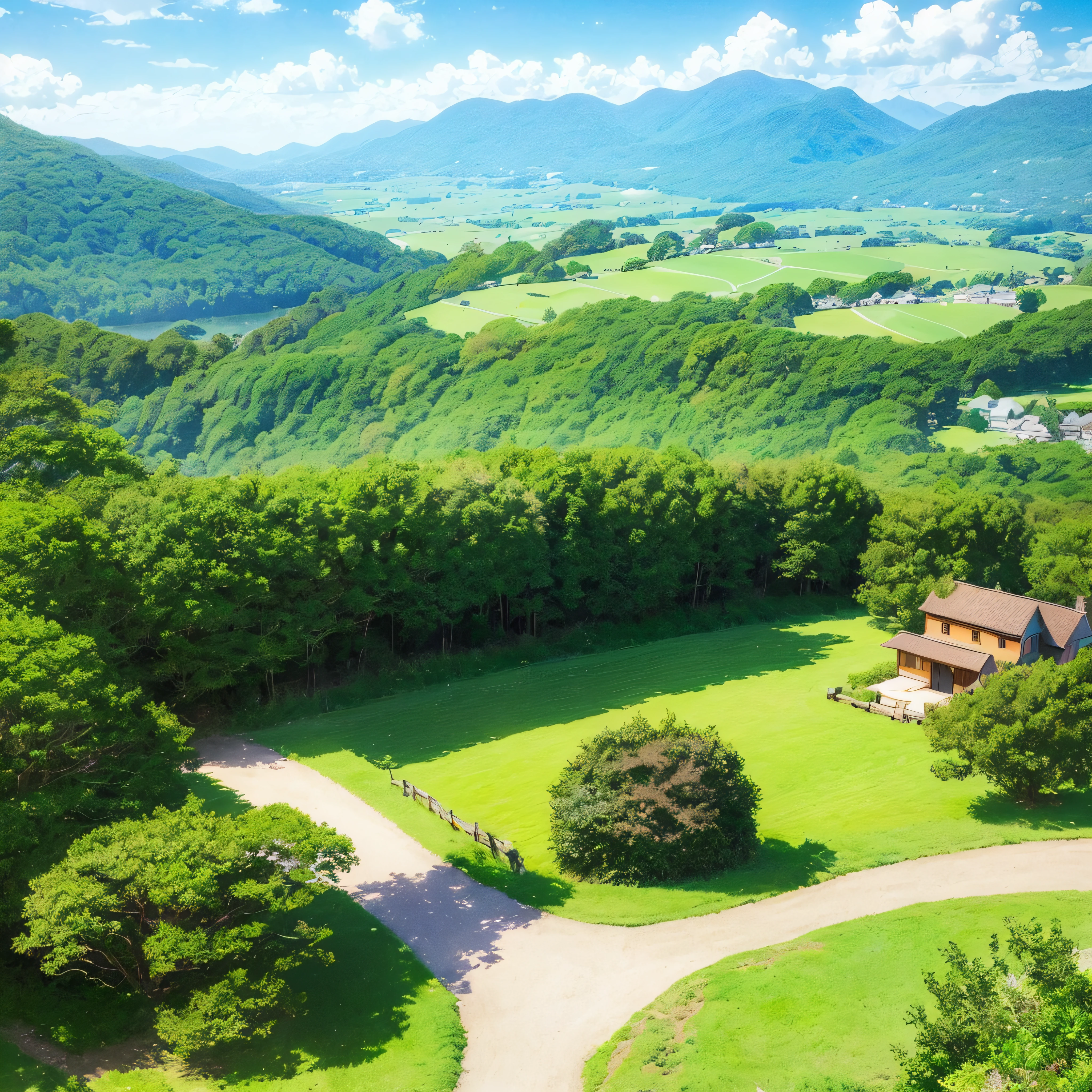 (((top-quality)))、Anime countryside、Anime Background Art、Anime landscapes、Soft Concept Art Studio Ghibli、beautiful anime landscape、Anime landscape concept art、Studio Ghibli concept art、Ghibli Studio Environment、Anime landscapes、Beautiful anime scenes、Gribbley Makoto Shinkai Studio、View of Ghibli Studio、cottagecore!!、Background art drawn in poster color --auto
