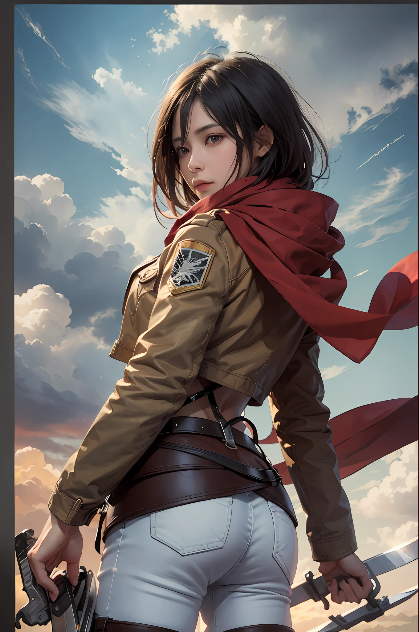 Mikasa, Masterpiece, Best quality, A high resolution, Short hair, Black eyes, Scarf, emblem, belt, thigh band, Red scarf, White pants, Brown jacket, Long sleeves, holding weapon, sword, dual wielding, Three-dimensional electric gear, Arms spread wide, standing on one leg, Wide shot, sky, Highest quality, high resolution.facing away from the audience，back to look back，