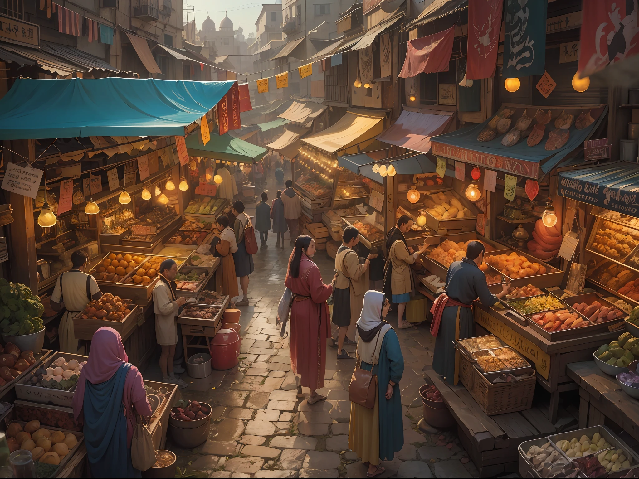 "(ultra-detailed CG unity 8k wallpaper, masterpiece, best quality, depth of field, HDR, intricate), from Greg Rutkowski, Stunning and vibrant image of a bustling bazaar. Showcasing a variety of colorful stalls, lively characters, and vibrant cultural elements. Capture the essence of the marketplace with vibrant colors, intricate details, and dynamic compositions. Let the scene come alive with the hustle and bustle of people, exotic goods, and the vibrant atmosphere of a bustling marketplace."