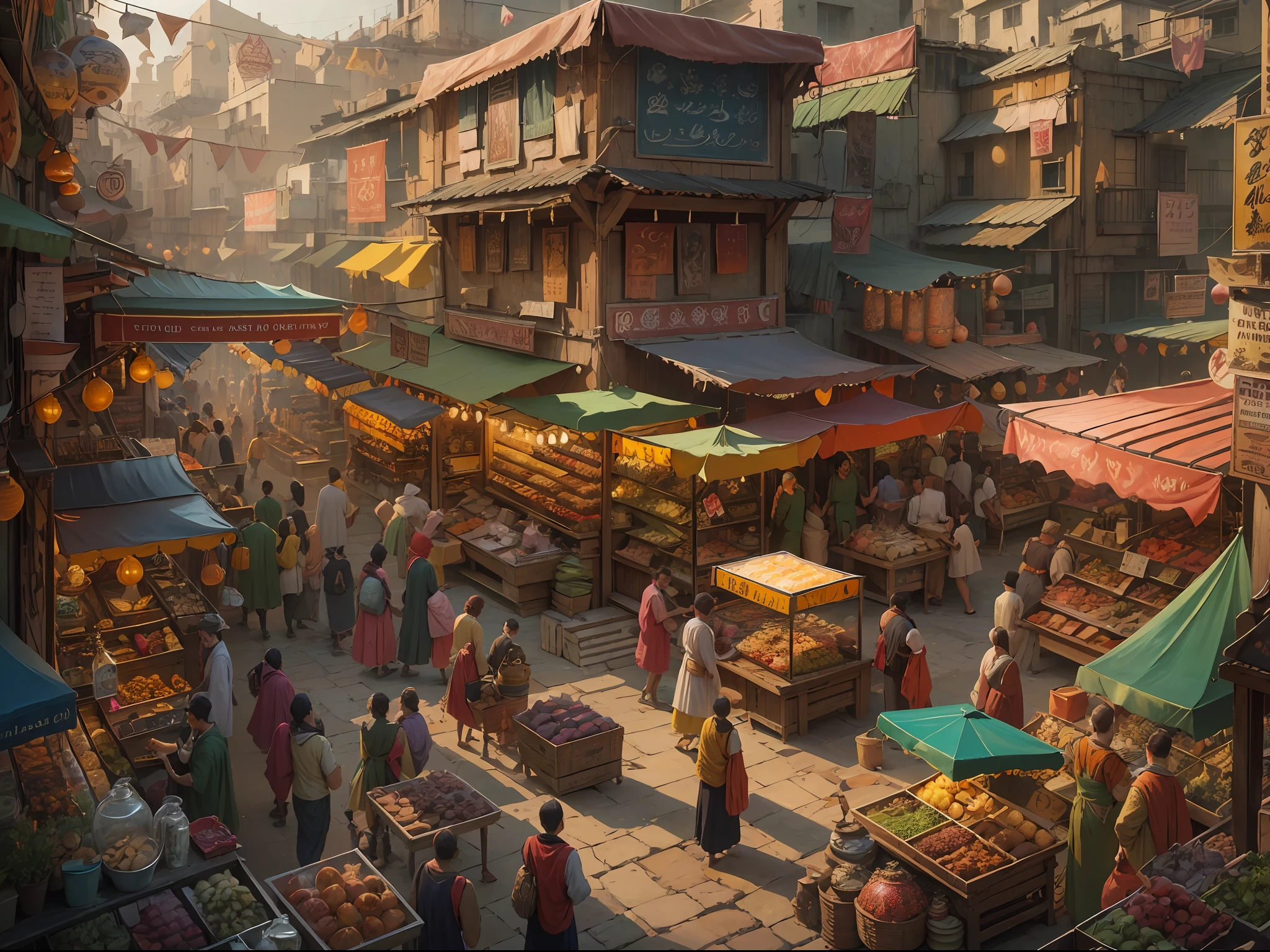 "(ultra-detailed CG unity 8k wallpaper, masterpiece, best quality, depth of field, HDR, intricate), from Greg Rutkowski, Stunning and vibrant image of a bustling bazaar. Showcasing a variety of colorful stalls, lively characters, and vibrant cultural elements. Capture the essence of the marketplace with vibrant colors, intricate details, and dynamic compositions. Let the scene come alive with the hustle and bustle of people, exotic goods, and the vibrant atmosphere of a bustling marketplace."