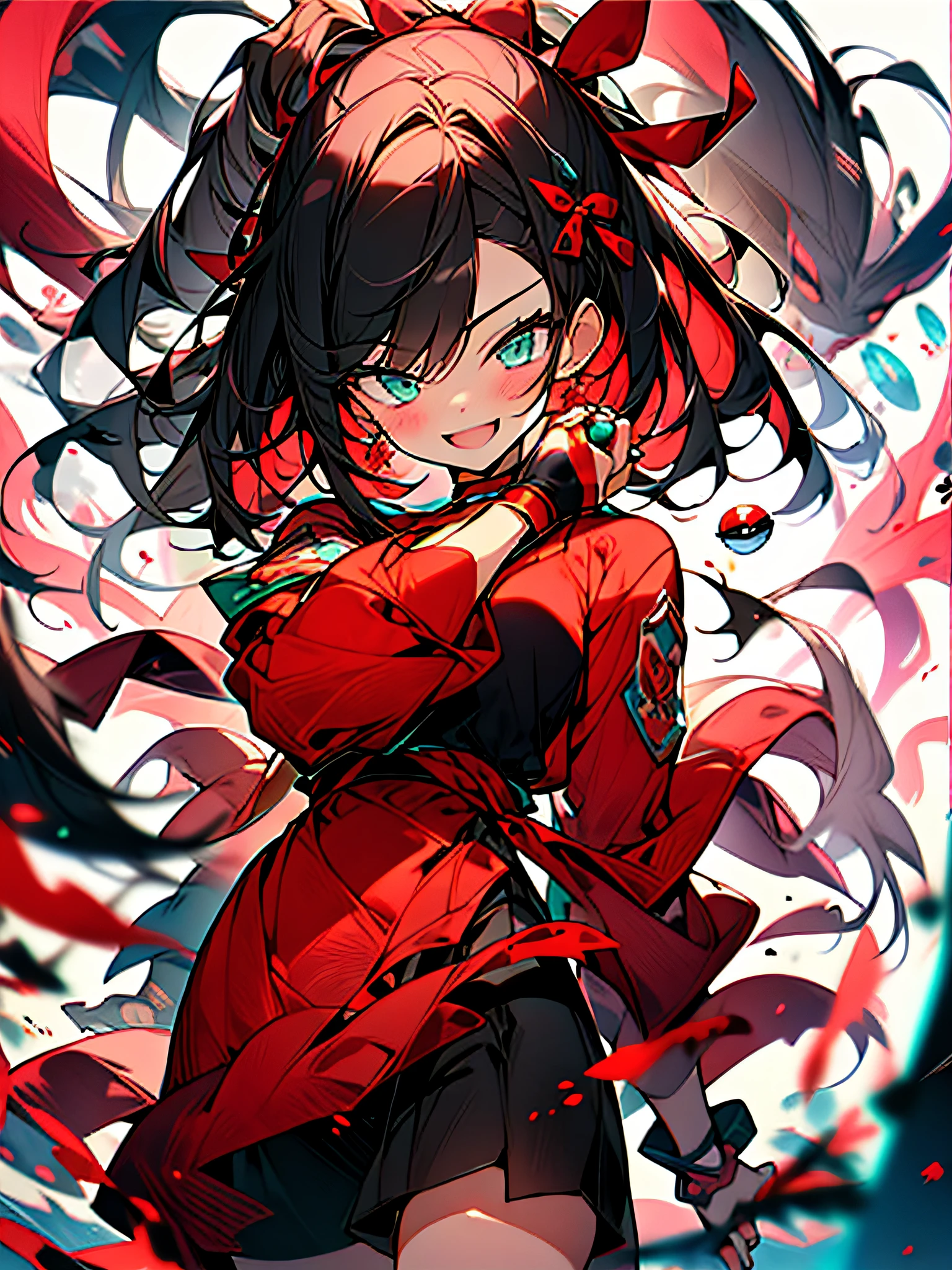 masterpiece, best quality, highres, hmmarnie, aqua eyes, black choker, red ribbon, pink dress, jewelry, black jacket, open clothes, long sleeves, cowboy shot, standing, field, holding poke ball, poke ball \(basic\), smile, open mouth,