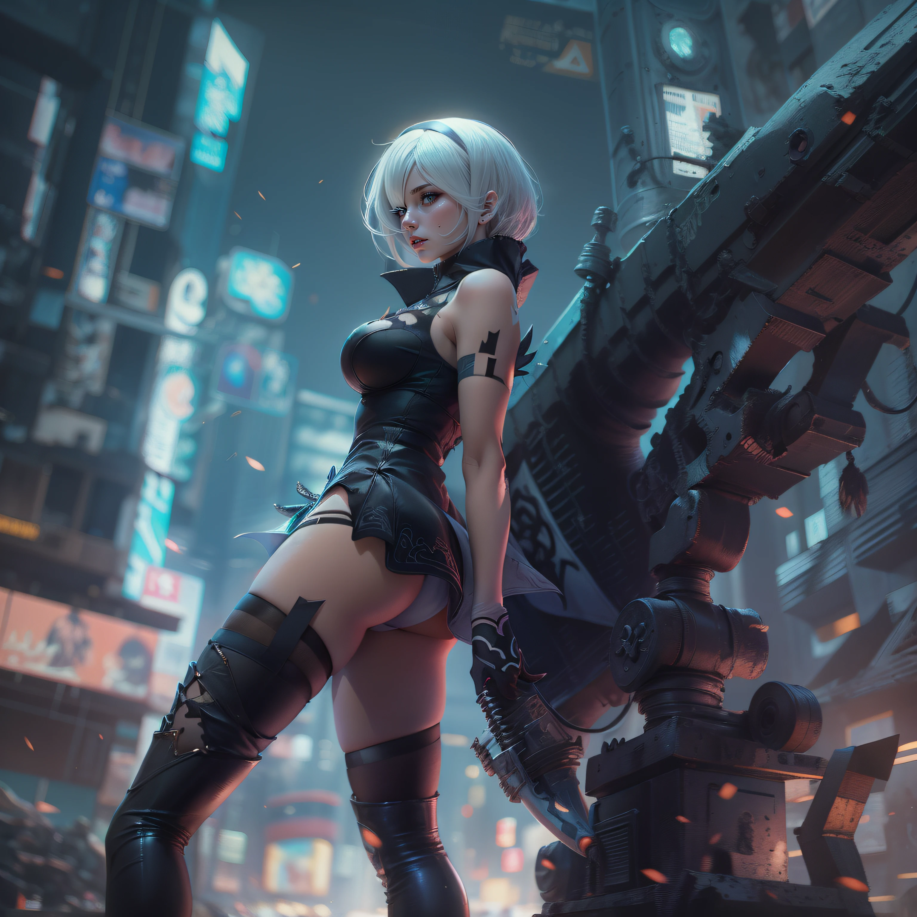 2b nier automata, Yorha Modelo 2, cabello blanco, Vista desde arriba, Falda muy, muy corta, Medios y portaligas, Portaligas, Medio, ultra realista, kinematics, ultra detallado, braless, pezones erectos, Medio, Ajuste delgado, tetas grandes, grande, Chica de anime con espada y espada en la ciudad por la noche, Anime Arte cyberpunk, Arte digital cyberpunk anime, arte de anime cyberpunk, Cyberpunk futurista neo, Anime cyberpunk moderno, Digital Cyberpunk - Arte Anime, estilo de arte cyberpunk, Chica de anime cyberpunk, Anime Cyberpunk, cyberpunk themed art, Chica femenina de anime cyberpunk, cyberpunk 2 0 y. o Chica modelo, Arte digital cyberpunk, Cyberpunk anime chica mecha, Neon cyberpunk girl