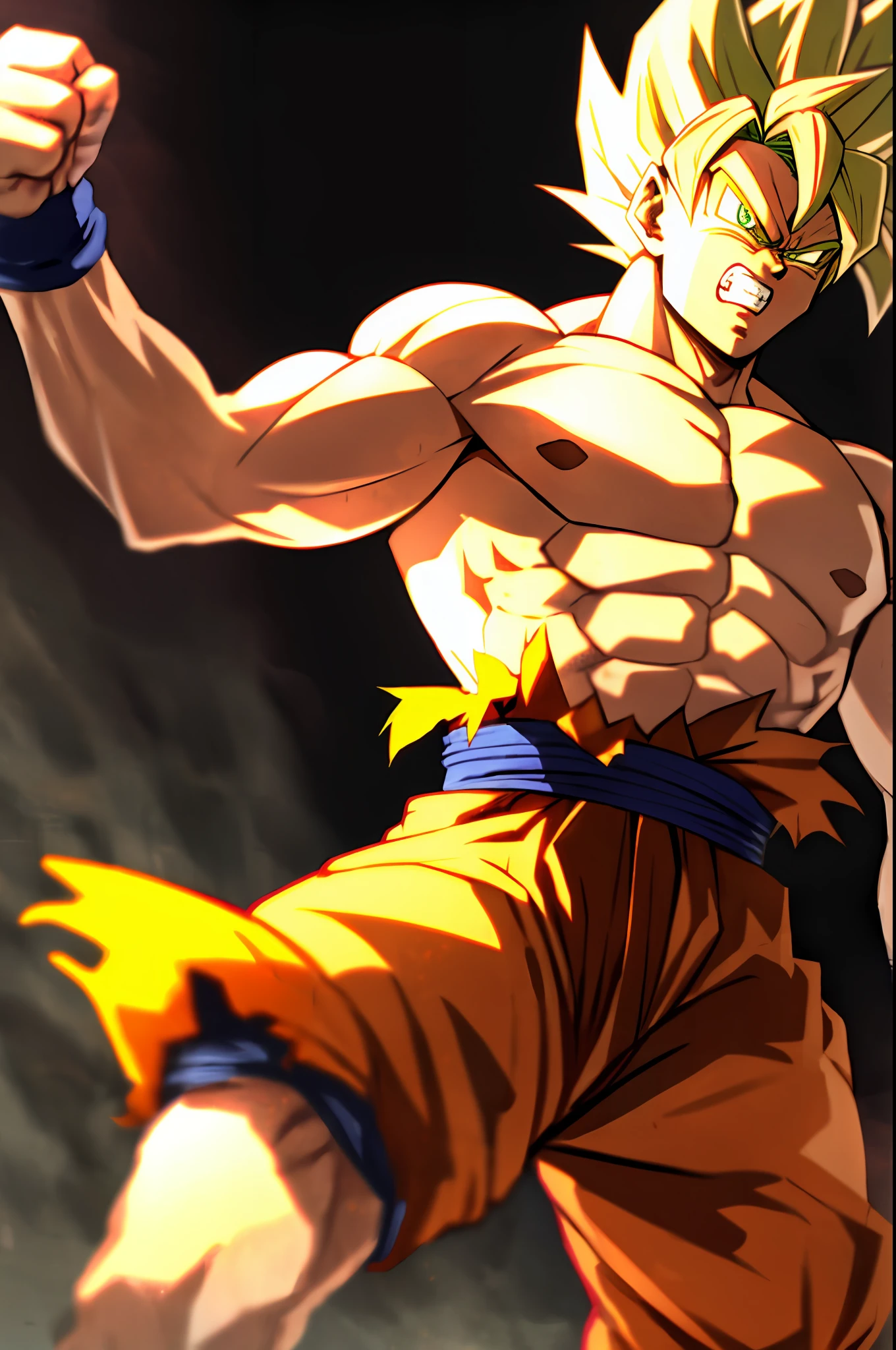 son goku, 1boy, angry, battle damage, blonde hair, blue sash, clenched teeth, furious, green eyes, male focus, muscular, muscular male, pectorals, sash, solo, spiked hair, super saiyan, super saiyan 1, teeth, topless male, torn clothes, wristband, ((masterpiece))
