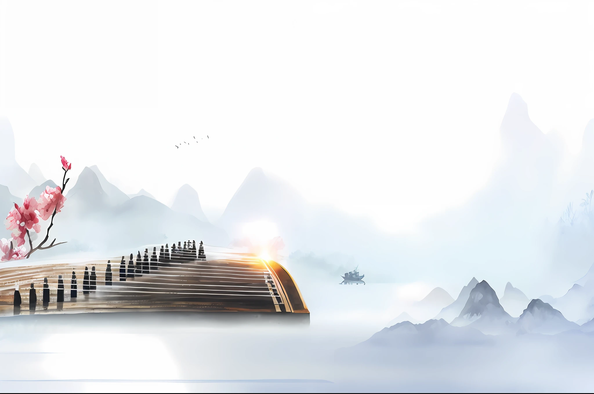 There is a painting,The drawing is a guzheng,music instrument,The background is landscape, ink and watercolor painting, Elegant colors,Gansu,Hui,Tibetans,ballad,Poster illustration