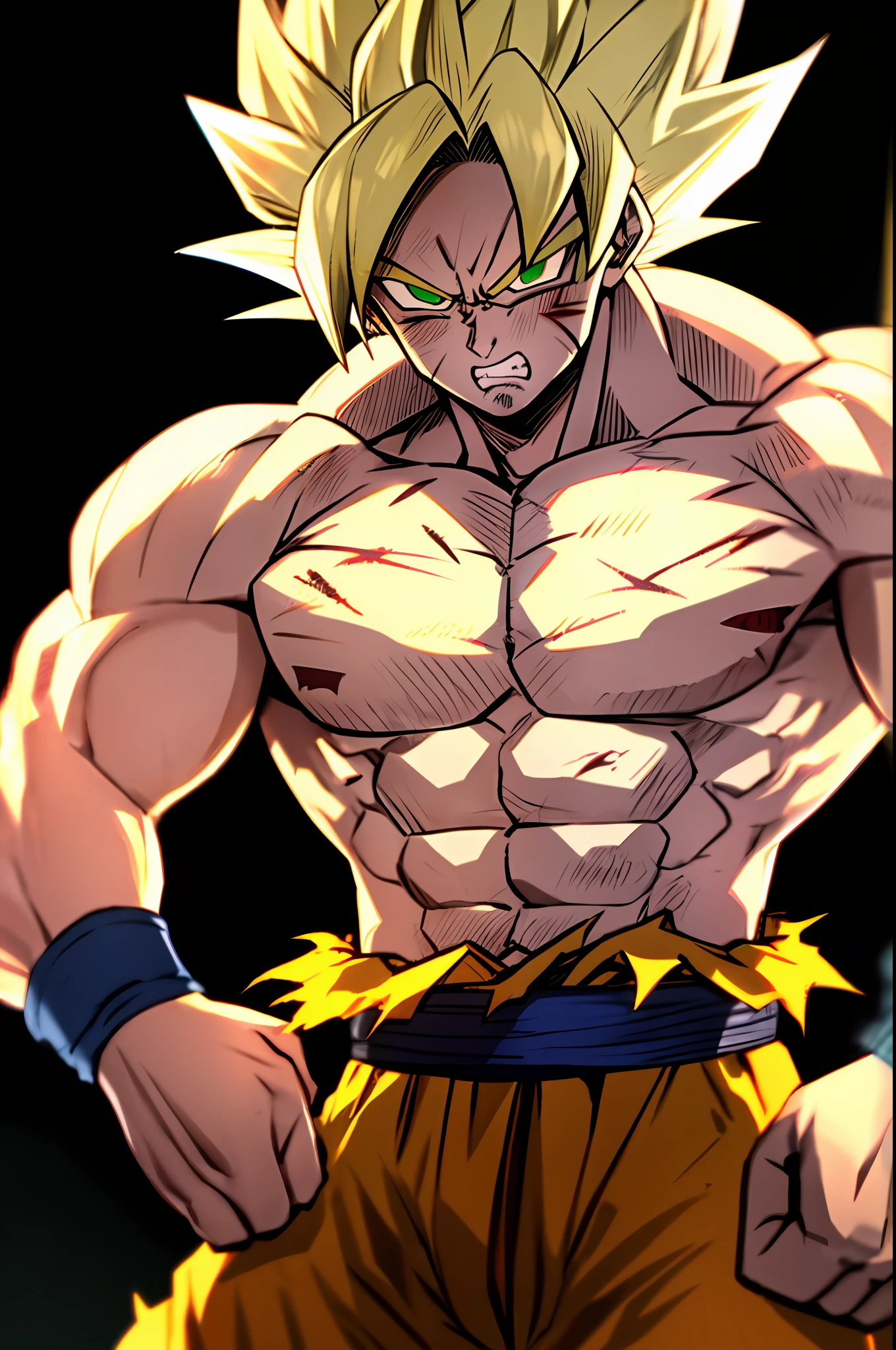 son goku, 1boy, angry, battle damage, blonde hair, blue sash, clenched teeth, furious, green eyes, male focus, muscular, muscular male, pectorals, sash, solo, spiked hair, super saiyan, super saiyan 1, teeth, topless male, torn clothes, wristband, ((masterpiece))