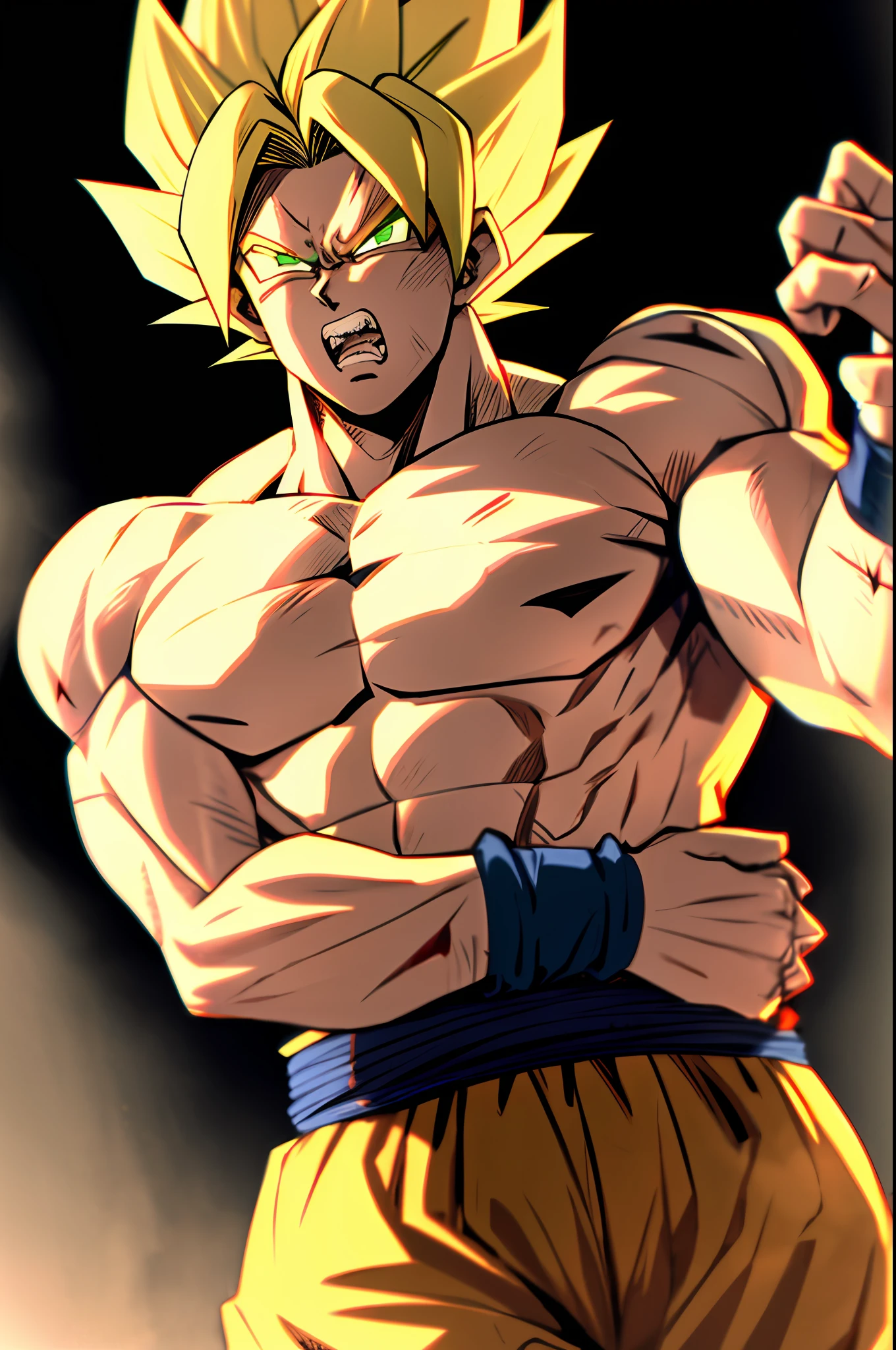 son goku, 1boy, angry, battle damage, blonde hair, blue sash, clenched teeth, furious, green eyes, male focus, muscular, muscular male, pectorals, sash, solo, spiked hair, super saiyan, super saiyan 1, teeth, topless male, torn clothes, wristband, ((masterpiece))