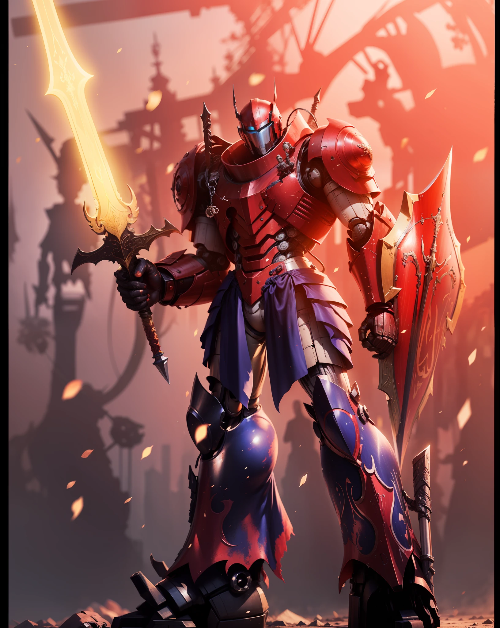 The left hand holds a sword,A tall robot holding a shield in his right hand,The upper body is predominantly red,The lower body is predominantly blue