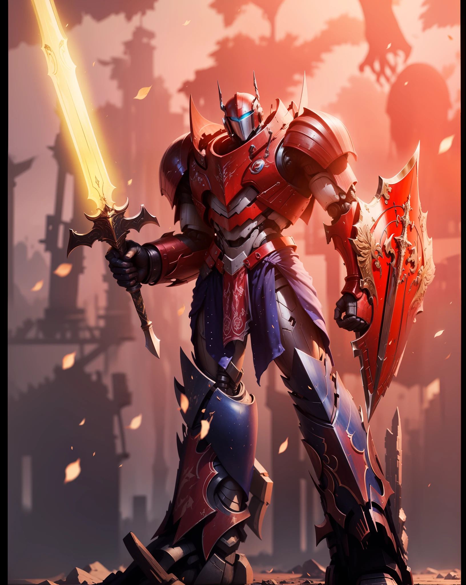 The left hand holds a sword,A tall robot holding a shield in his right hand,The upper body is predominantly red,The lower body is predominantly blue