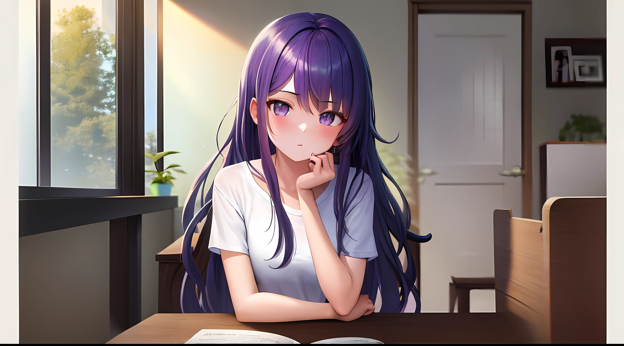 masterpiece, top-quality, hight resolution, a 1 girl, Loose white t-shirt、 Girl sitting on chair studying drafting at desk,、Beautie、cute little、Idol、purple color hair、dozing