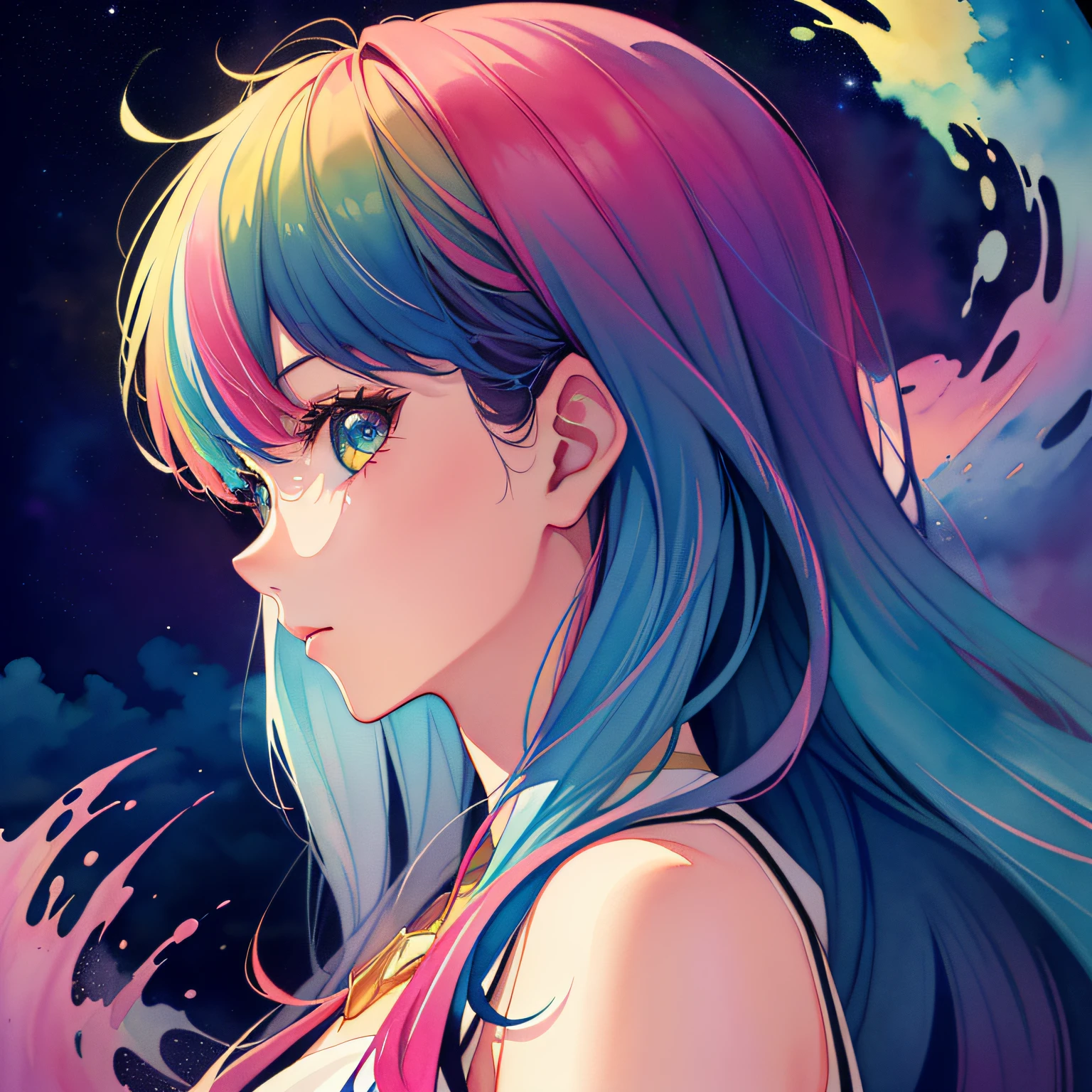 (masterpiece, top quality, best quality,watercolor (medium),official art, beautiful and aesthetic:1.2),(1girl:1.3), (fractal art:1.3),upper body, from side, looking at viewer,patterns,(rainbow color Hair,colorful hair,half blue and half pink hair:1.2),water,liquid, cloud,colorful, starry,stars,