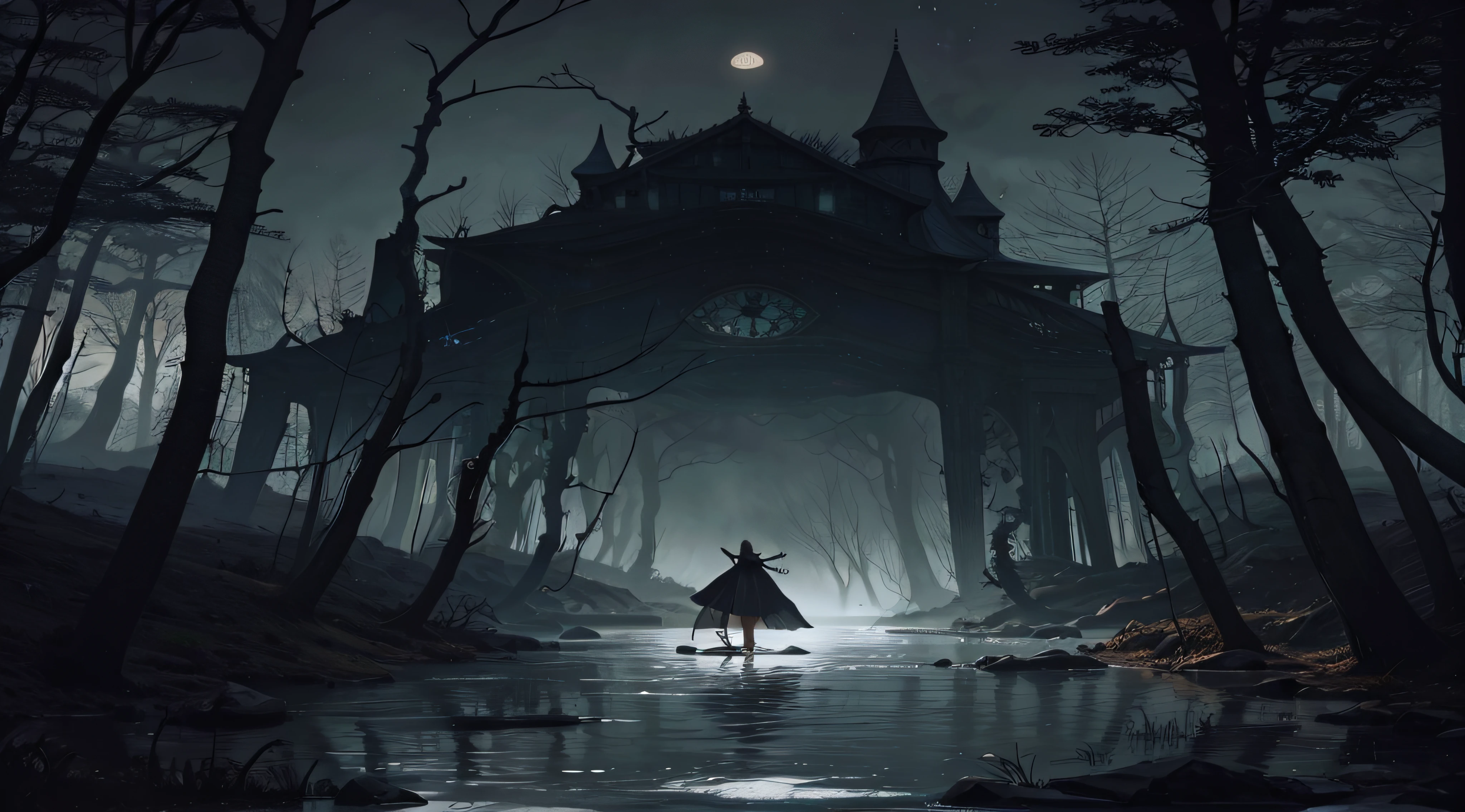 Imagem de uma mulher com um vestido preto caminhando por uma floresta, dark fantasy illustration, arte de estilo fantasia escura, eerie nostalgic concept art, arte conceitual de fantasia sombria, dark cinematic concept art, Guilherme H. Pongiluppi, Arte Sangrenta, arte conceitual escura fotorrealista, an ominous fantasy illustration, arte de fantasia sombria, arte conceitual sombria, Bruxa na floresta