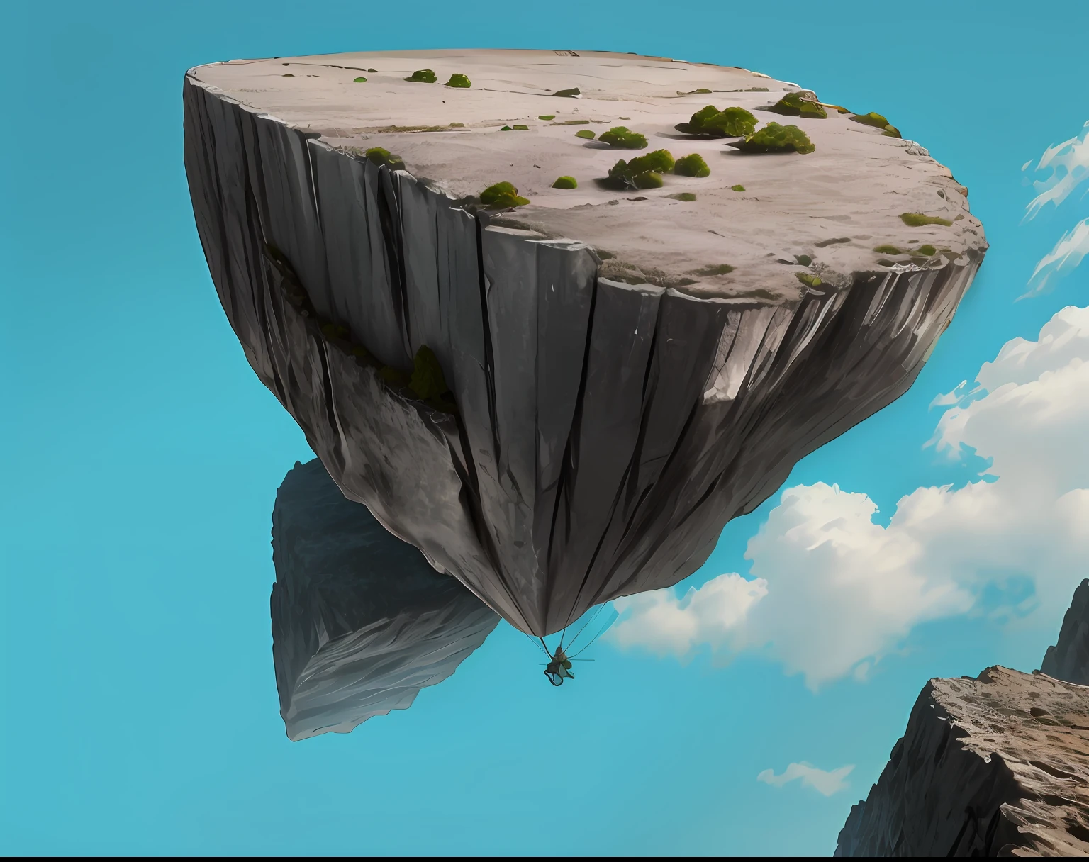 una roca flotando en el aire, superficie plana con algunas grietas,