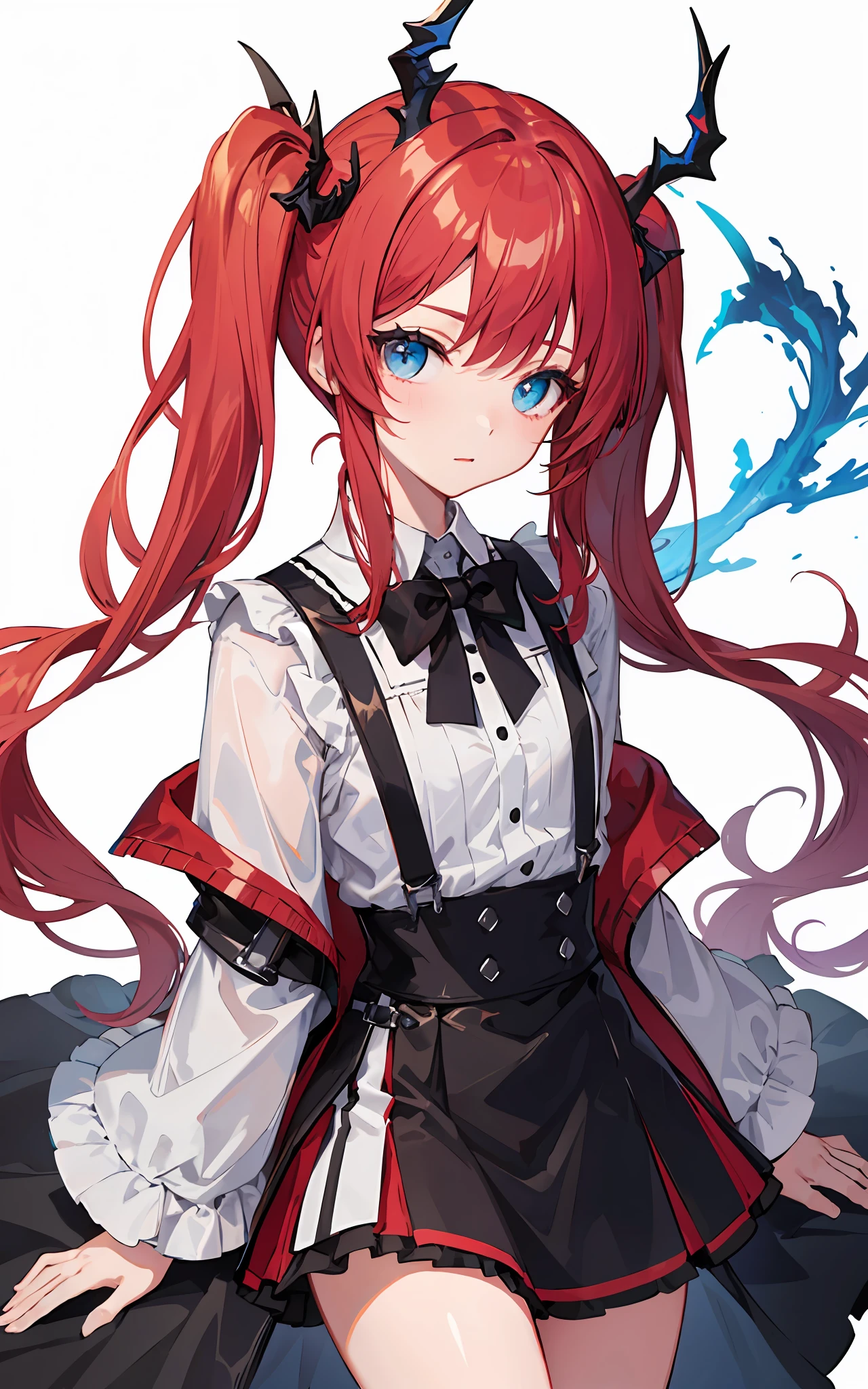 {{best quality}}, {{masterpiece}}, {{ultra-detailed}}, {illustration}, {detailed light}, red hair,blue eyes,twintails,lolita,Suspenders skirt,Fantastic,loli,solo,Dragon horns,little girl,long hair,Arknights