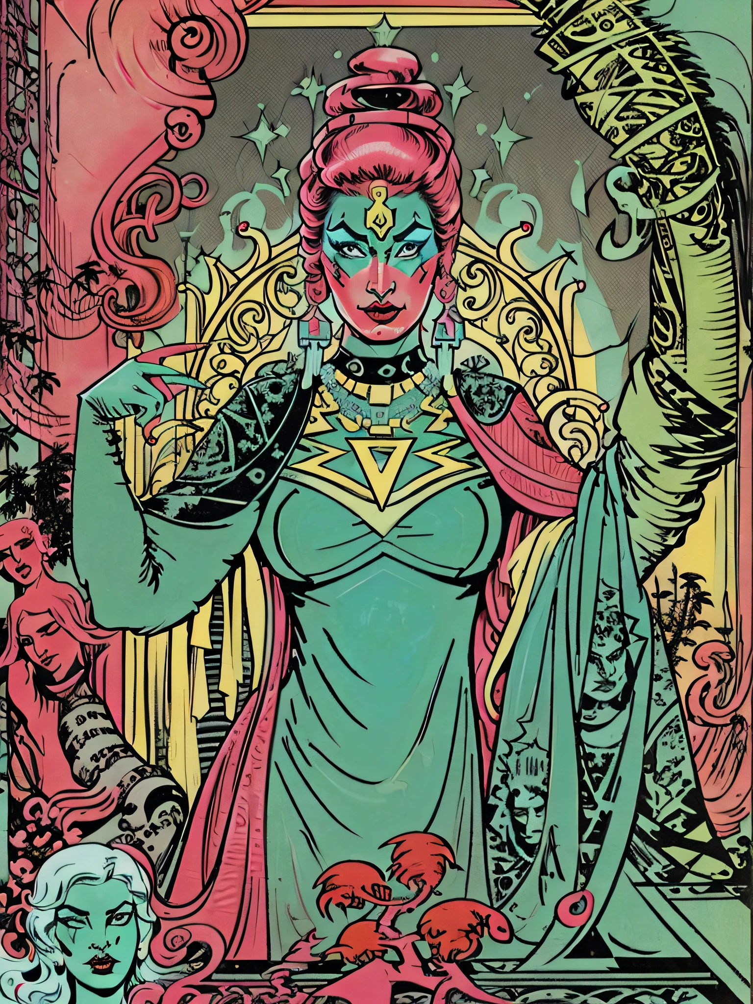 A beautiful aesthetic theme female villain icon, cores neon, vetor, storybook illustration art, hiper detalhes, Supervillain aesthetics, foco nítido, Denoise, 8k, estilo de arte de desenho bonito, Arte Digital