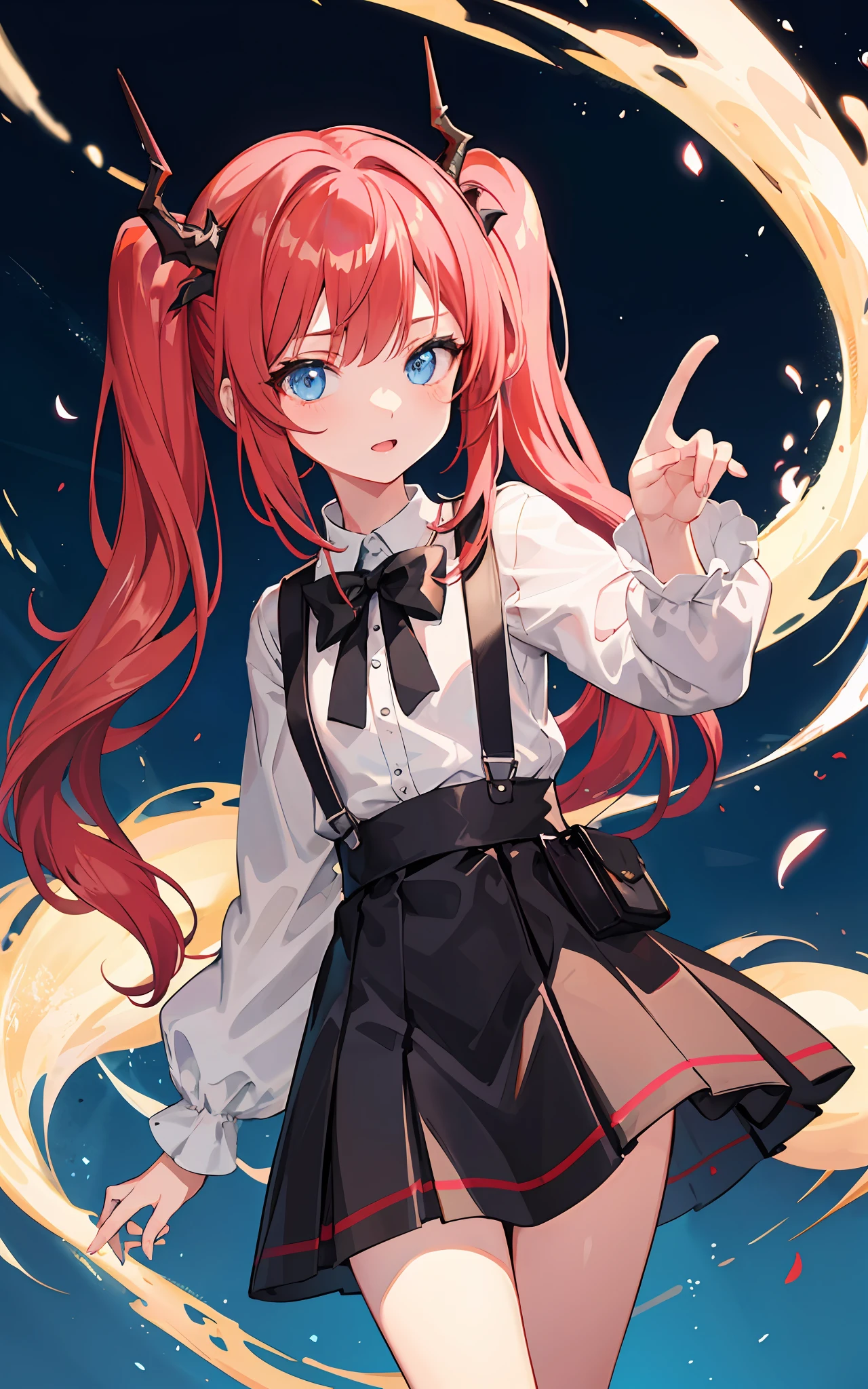{{best quality}}, {{masterpiece}}, {{ultra-detailed}}, {illustration}, {detailed light}, red hair,blue eyes,twintails,lolita,Suspenders skirt,Fantastic,loli,solo,Dragon horns,little girl,long hair,Arknights