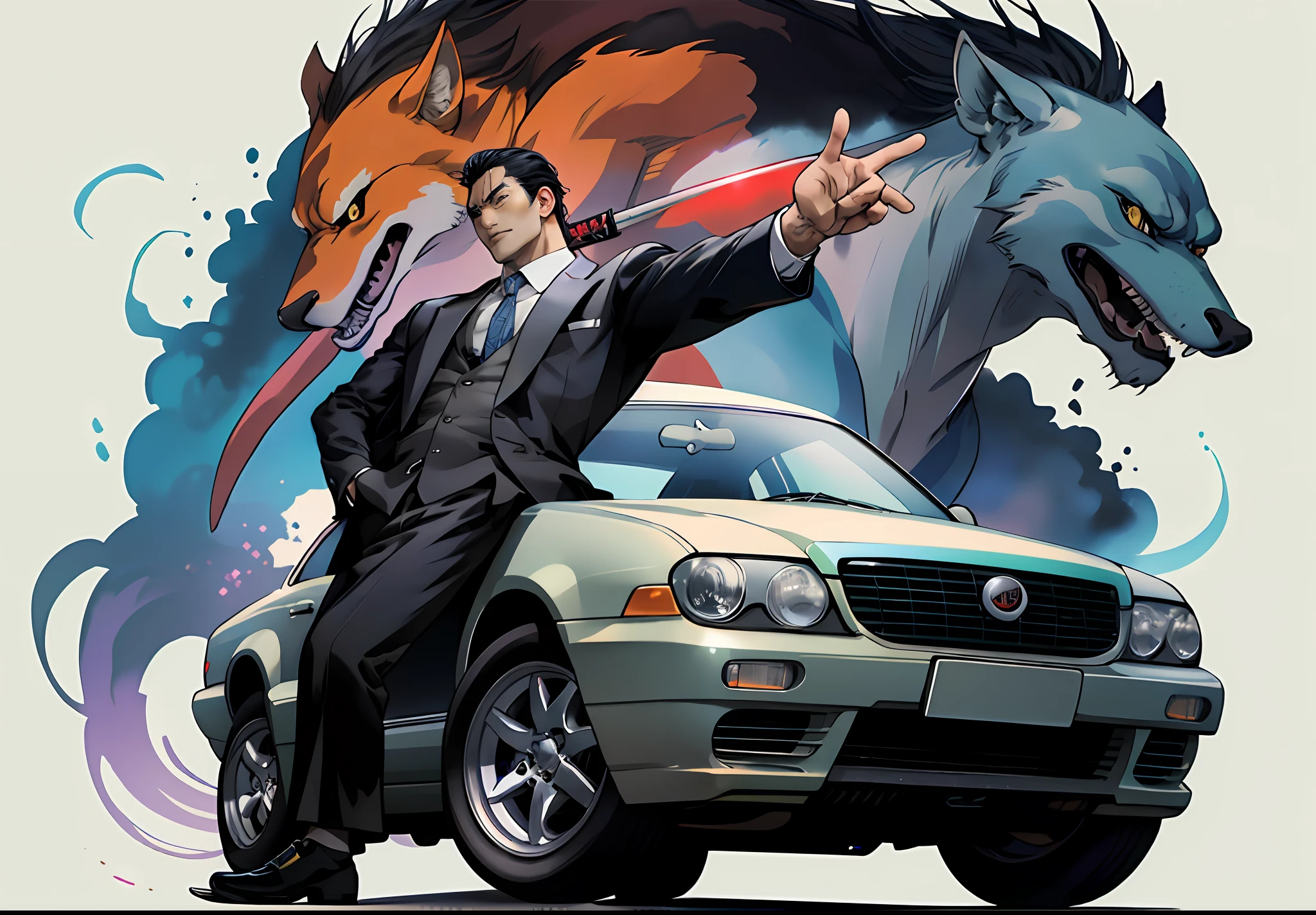 Five Yakuza, in suit, studio ghibli art style, different poses front on the car, epic, male, perfect car, perfect face, Black, katana, ultra illustration, high detailed, 90s, epic cinematic, dangerous man, perfect anatomy body, perfect face line,(d Render), photorealistic, digital art, hyperrealistic