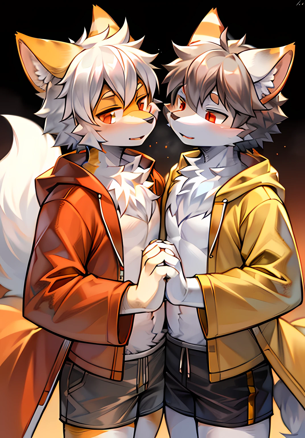 eyes with brightness,in a panoramic view,Character focus,独奏,shaggy,shaggy male,malefocus,anthr,(Full body fur,Fluffy tail,Off-white fur,Orange-red eyes,Gray hair,Orange coat,grey shorts:1.2)Double,Look at each other,Hold each other,Ambiguous