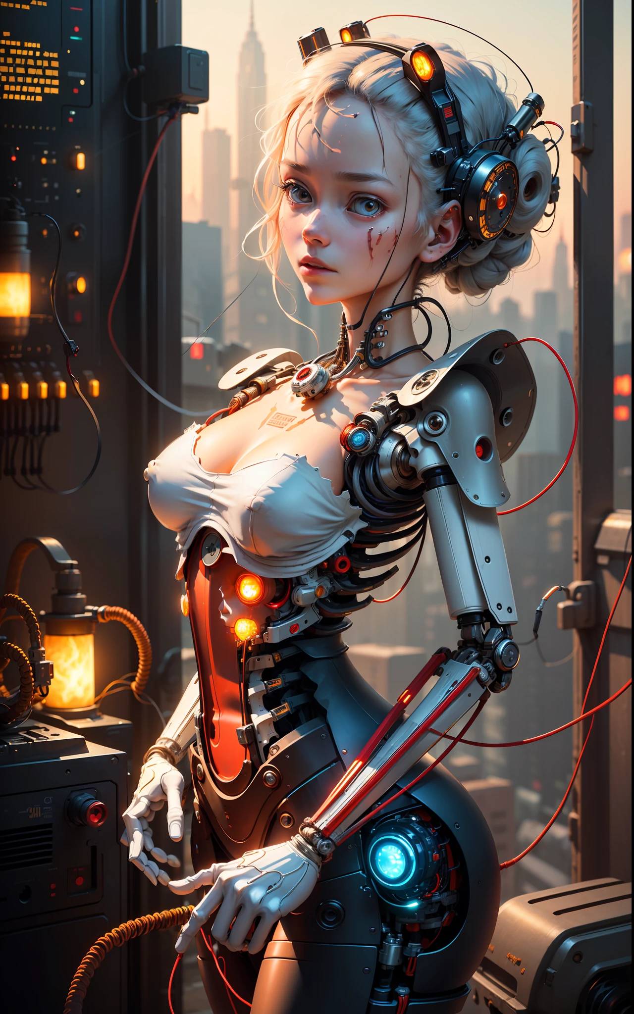 (((masterpiece))), (((best quality))), ((ultra-detailed)), (highly detailed CG illustration), ((extremely delicate and beautiful)),(side),cinematic light,((1 mechanical girl)),solo,half body,(machine-made joints:1.2),((mechanical limbs)),(blood vessels connected to tubes),(mechanical vertebra attaching to the back),((mechanical cervical attachment to the neck)), expressionless,(wires and cables attached to the neck:1.2),(wires and cables on the head:1.2)(character focus), science fiction, city background, extremely detailed, colorful, more detailed, (face shadow (extra detailed, better performance)), laser eyes (detailed red))fire in hand holes)