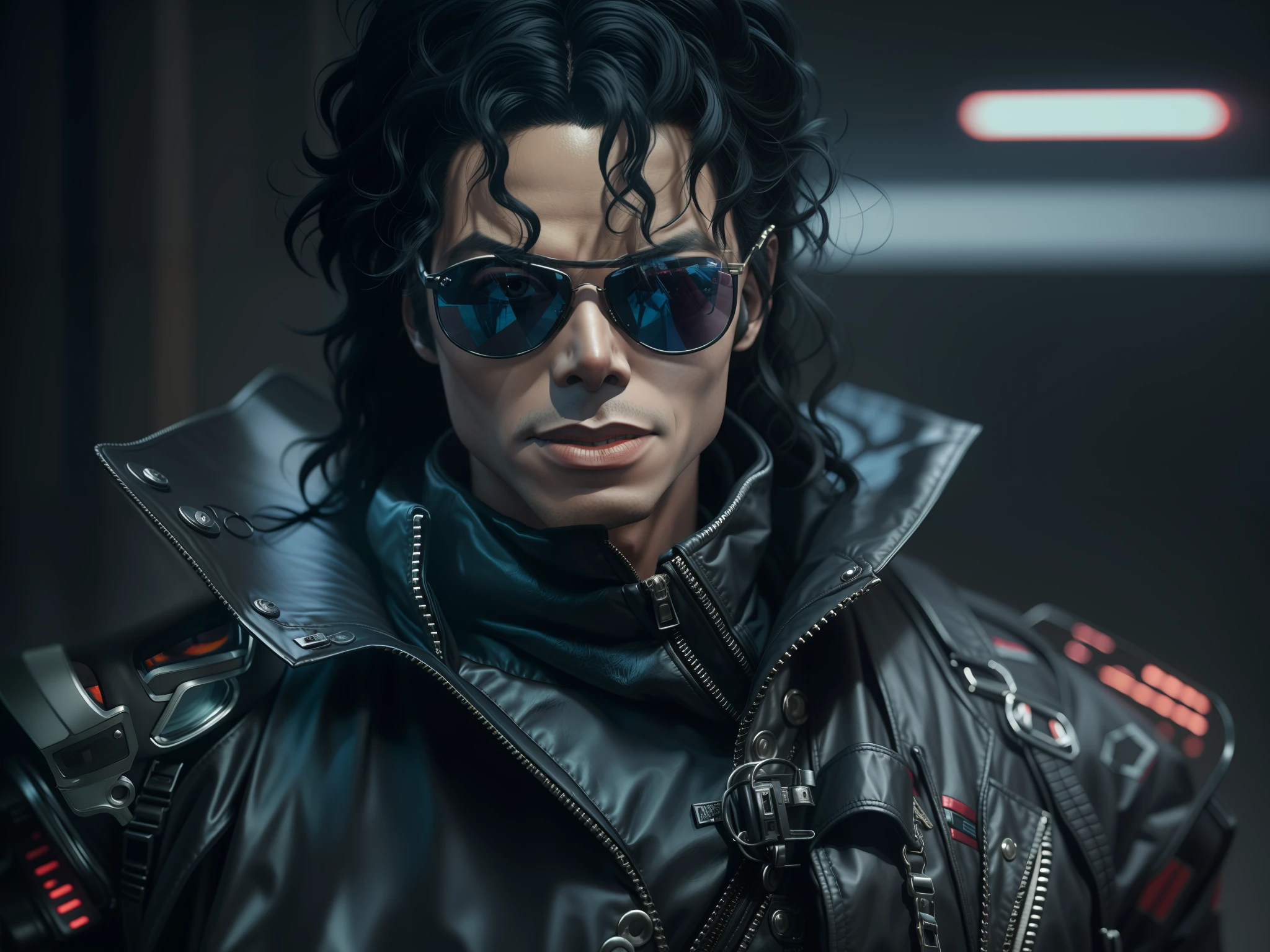 Hay un hombre con gafas de sol y una chaqueta de cuero, Retrato de Michael Jackson, Retrato de Michael Jackson, Arte cyberpunk ultrarrealista 8K, Renderizado retrato 8K, inspirado por Mike Winkelmann, Tendencias en ArtStation 4K, Estilo cyberpunk , Hiperrealista, 3D render character art 8 k, Miguel_Jackson, inspirado por Michael Sittow, Michael Jackson