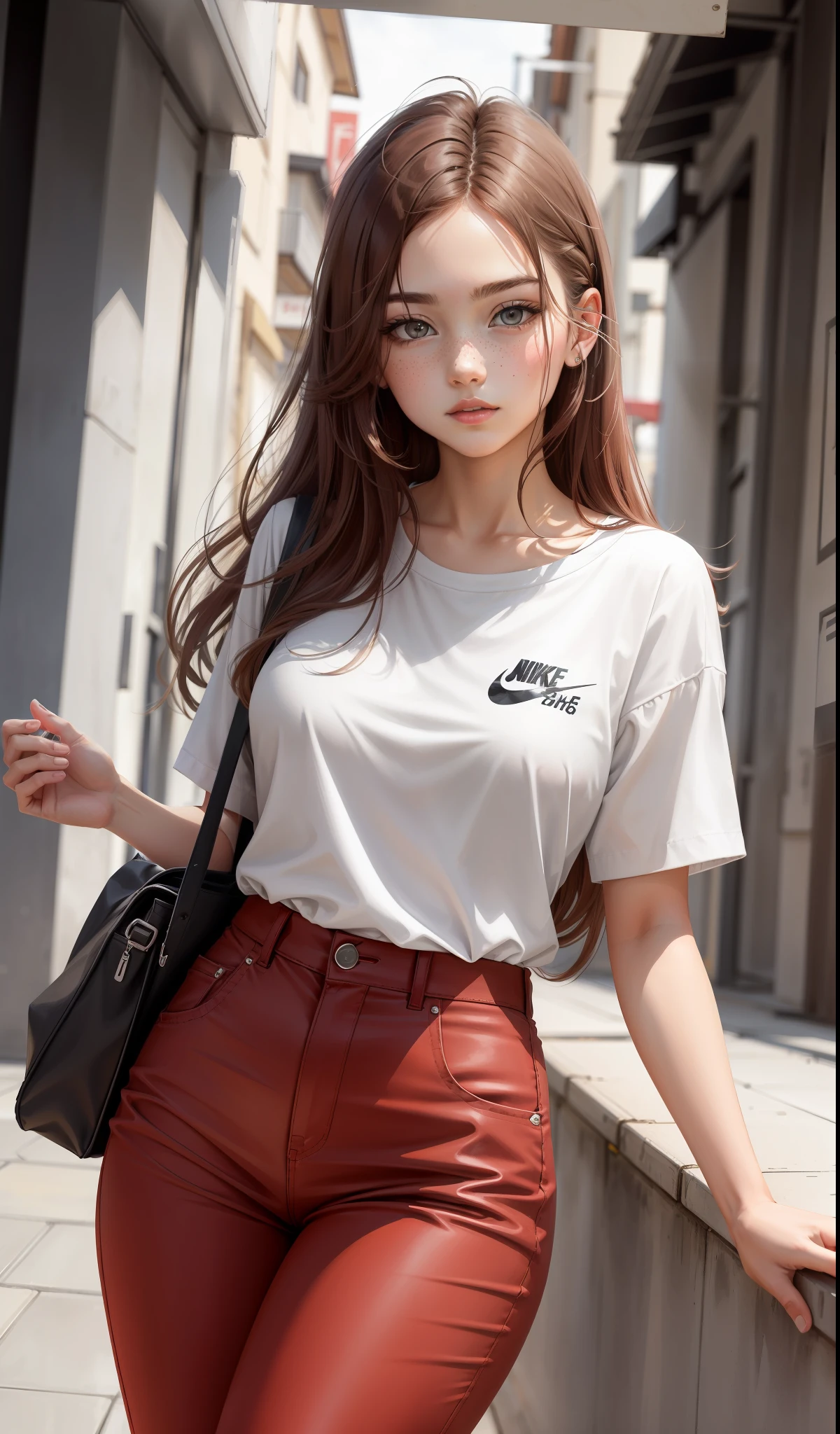 a woman in a white shirt and red pants is playing video game, simple style, wearing elegant casual clothes, muted red, simple clothes, milk and red style, casual clothing style, modern fashion outfit, wearing a fisher , casual modern clothing, inspo, red clothes, red pants, neutral tones, rred and white color scheme, casual business outfit, cute face, nike shoes, 17 years old, adult face, long hair, ((dark Auburn hair)) and gleaming detailed grey eyes, light freckles