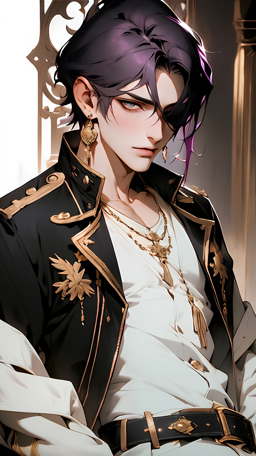 best quality, masterpiece, highres, 1boy,male,solo,upper body, sampo,purple hair,green eyes,hair over one eye,jacket,shirt,earrings,belt