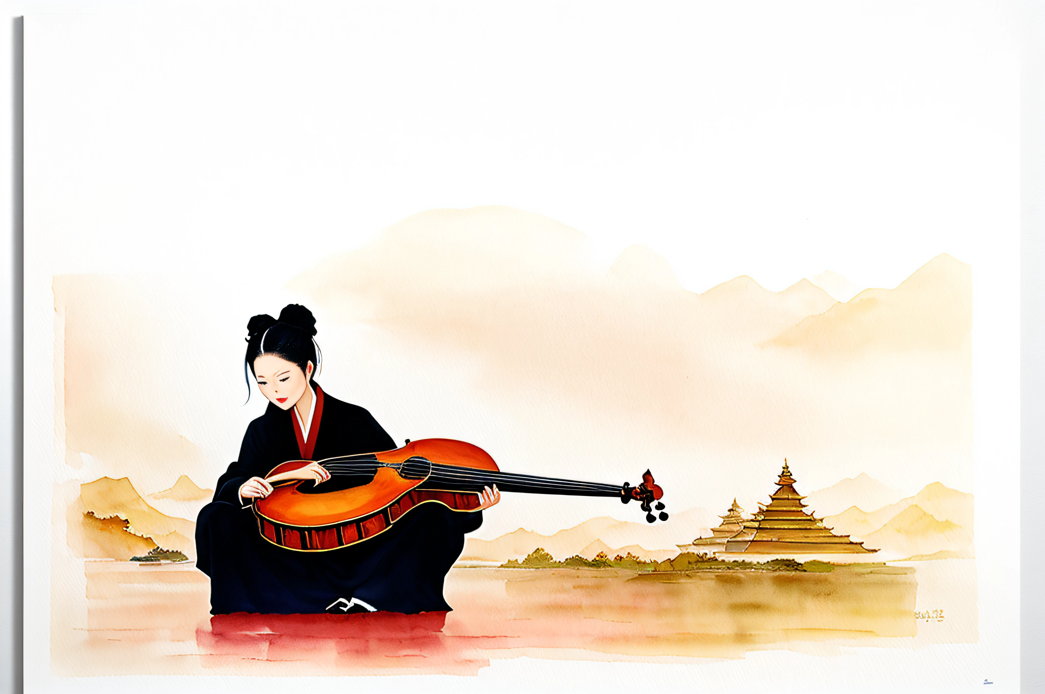 There is a painting，The picture is a guzheng，music instrument，The background is landscape, ink and watercolor painting， Elegant colors，Gansu people，Hui，Tibetans，ballad，Poster illustration，Someone plays an instrument