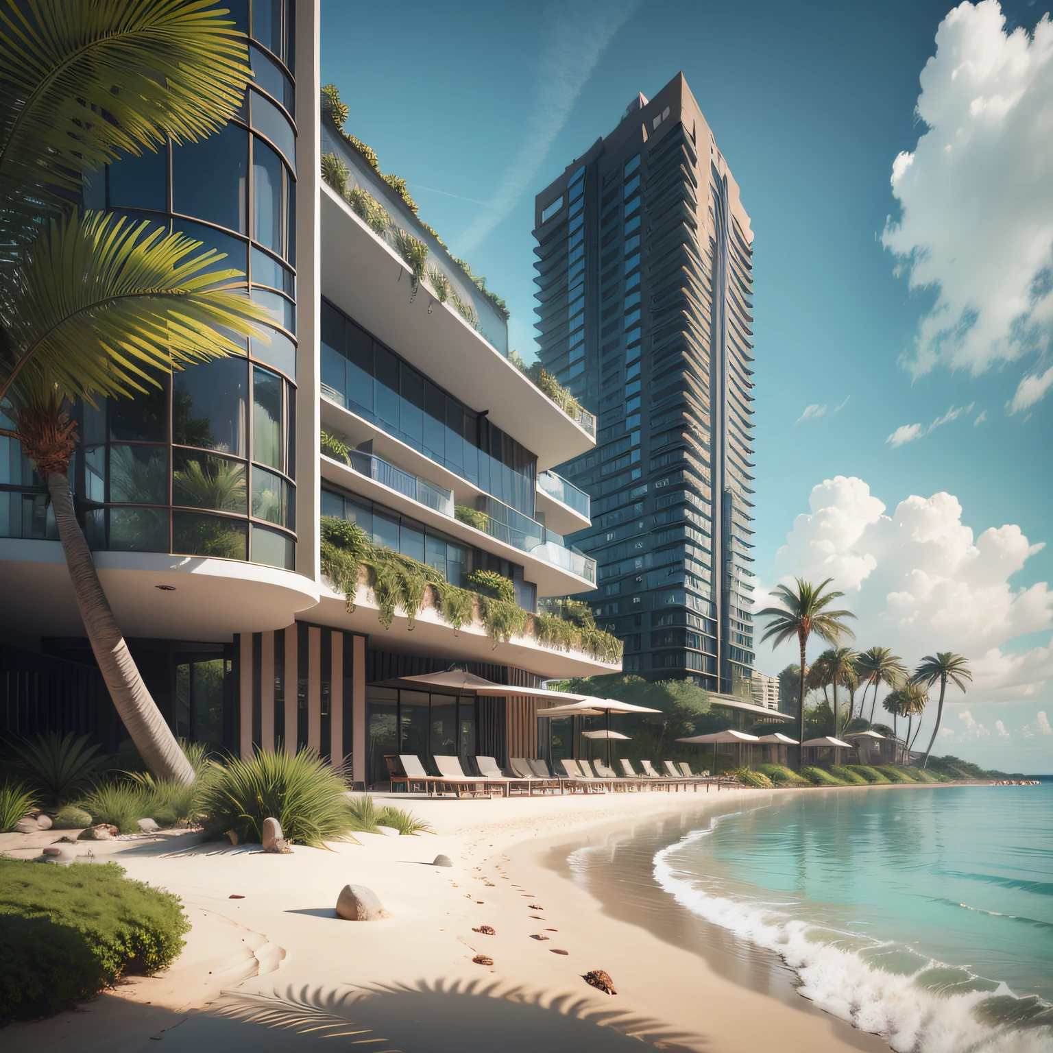 Grande hotel, Arquitetura futurista, building in the background, Building with grandevlawdo on the beach, Arquitetura moderna, grande piscina em frente ao hotel, restaurante interior com grandes fachadas em vidro, grandes candeeiros no interior, lots of vegetation around, hotel com 120 quartos, Arquitetura moderna, organic architecture, Geometria luxuosa, hiper-realista, Fantastic 8K architecture, UHD — AR 16: