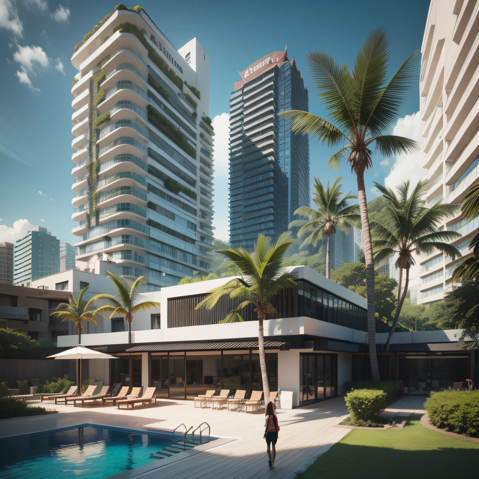 Grande hotel, Arquitetura futurista, building in the background, Building with grandevlawdo on the beach, Arquitetura moderna, grande piscina em frente ao hotel, restaurante interior com grandes fachadas em vidro, grandes candeeiros no interior, lots of vegetation around, hotel  com 120 quartos, Arquitetura moderna, organic architecture, Geometria luxuosa, hiper-realista, Fantastic 8K architecture, UHD — AR 16: