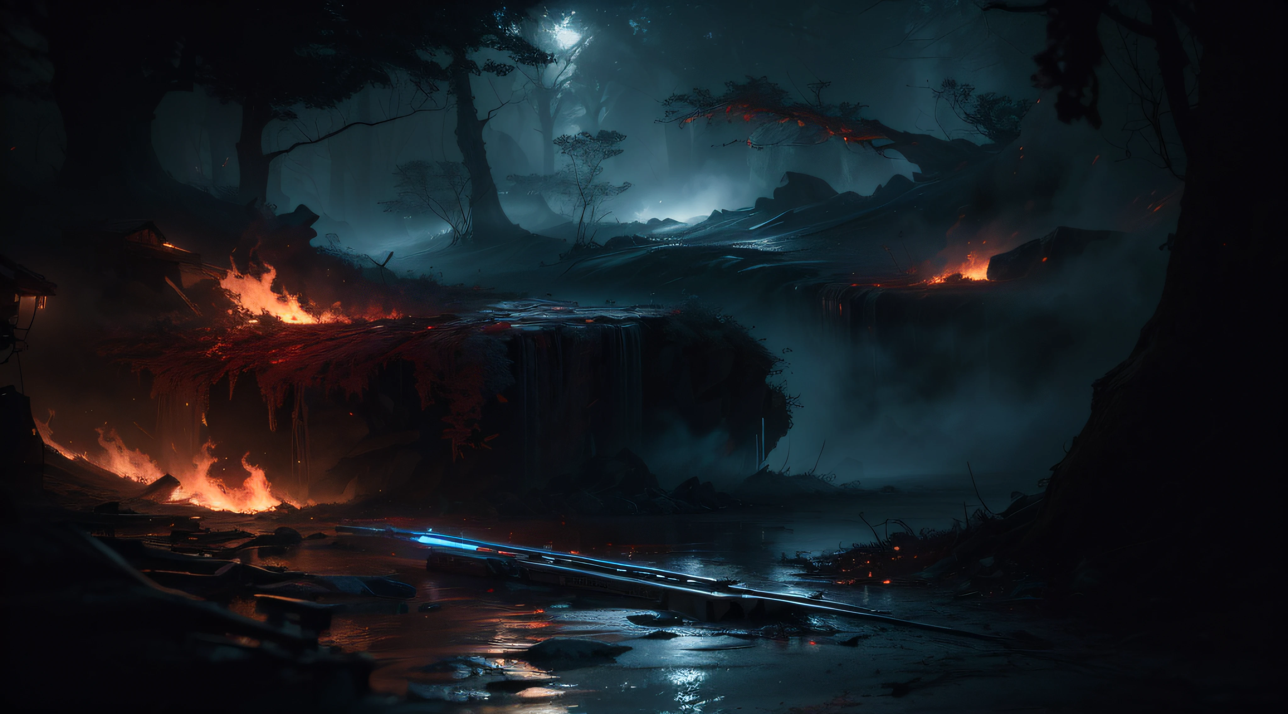 There is a fire in the dark with a lot of smoke, arte conceitual escura fotorrealista, unreal engine render concept art, Unreal Engine 5 Arte Digital, Unreal motor 4k papel de parede, cinematic forest lighting, Unreal Engine Arte de fantasia, Arte digital altamente detalhada em 4k, dark cinematic concept art, estilo fantasia 8 k octane render, 4k resolution concept art, arte conceitual 8 k