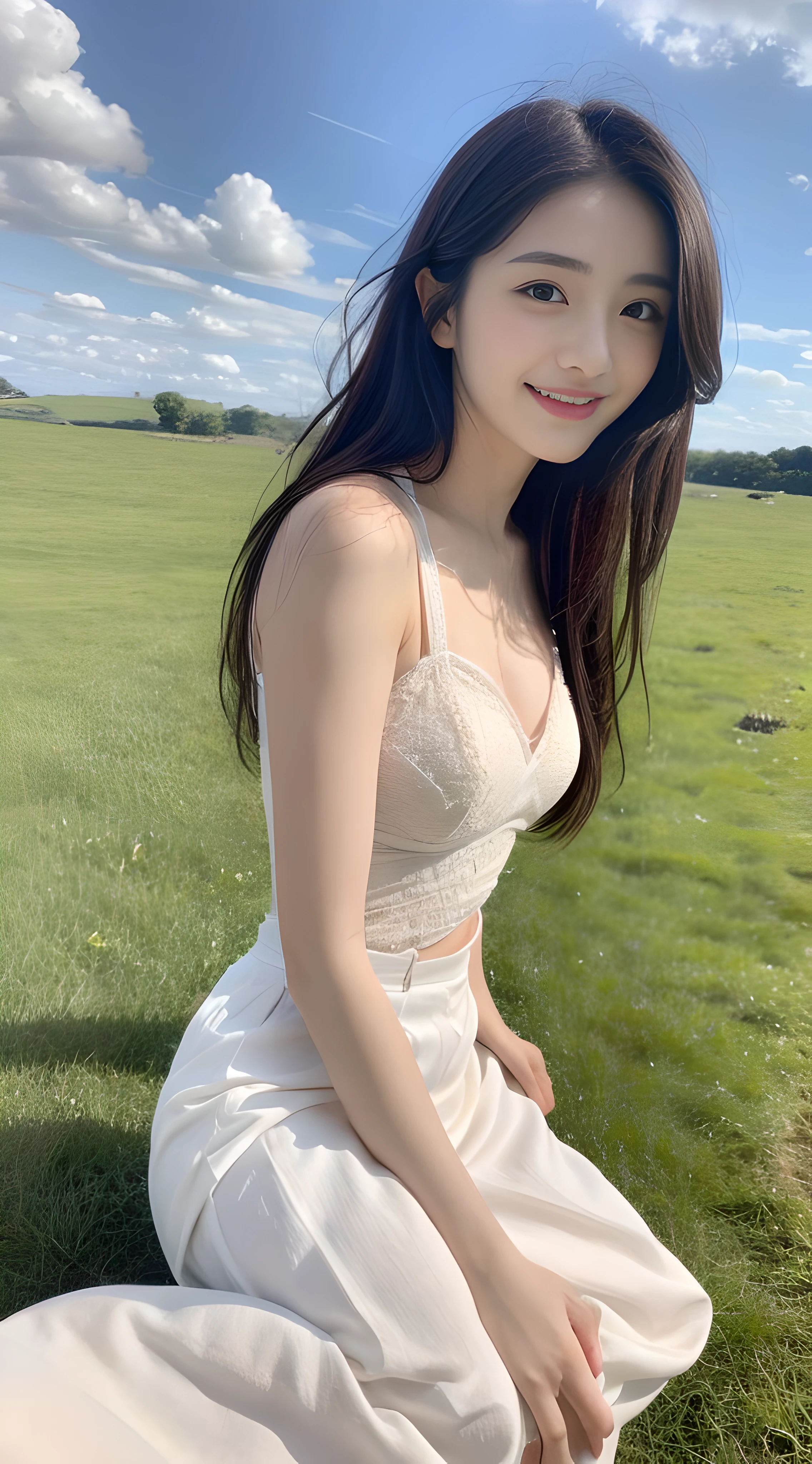 A beautiful and cute girl, full body photo, extremely beautiful and delicate, black hair, sweet smile, delicate beautiful fair skin, realistic and realistic, exquisite and complete facial features, detailed facial portrayal, high nose bridge, flowing smooth hair, extremely delicate hair, soft temperament, face light, tall, thin, real, hyper-real, full-body lens, forward tilt angle, ultimate picture quality, highest precision, accurate and perfect human body structure. Blue sky and white clouds, sitting on the grassland, blue sky and white clouds, sunlight, cows and sheep, (suspenders, long skirts) panties are clearly visible