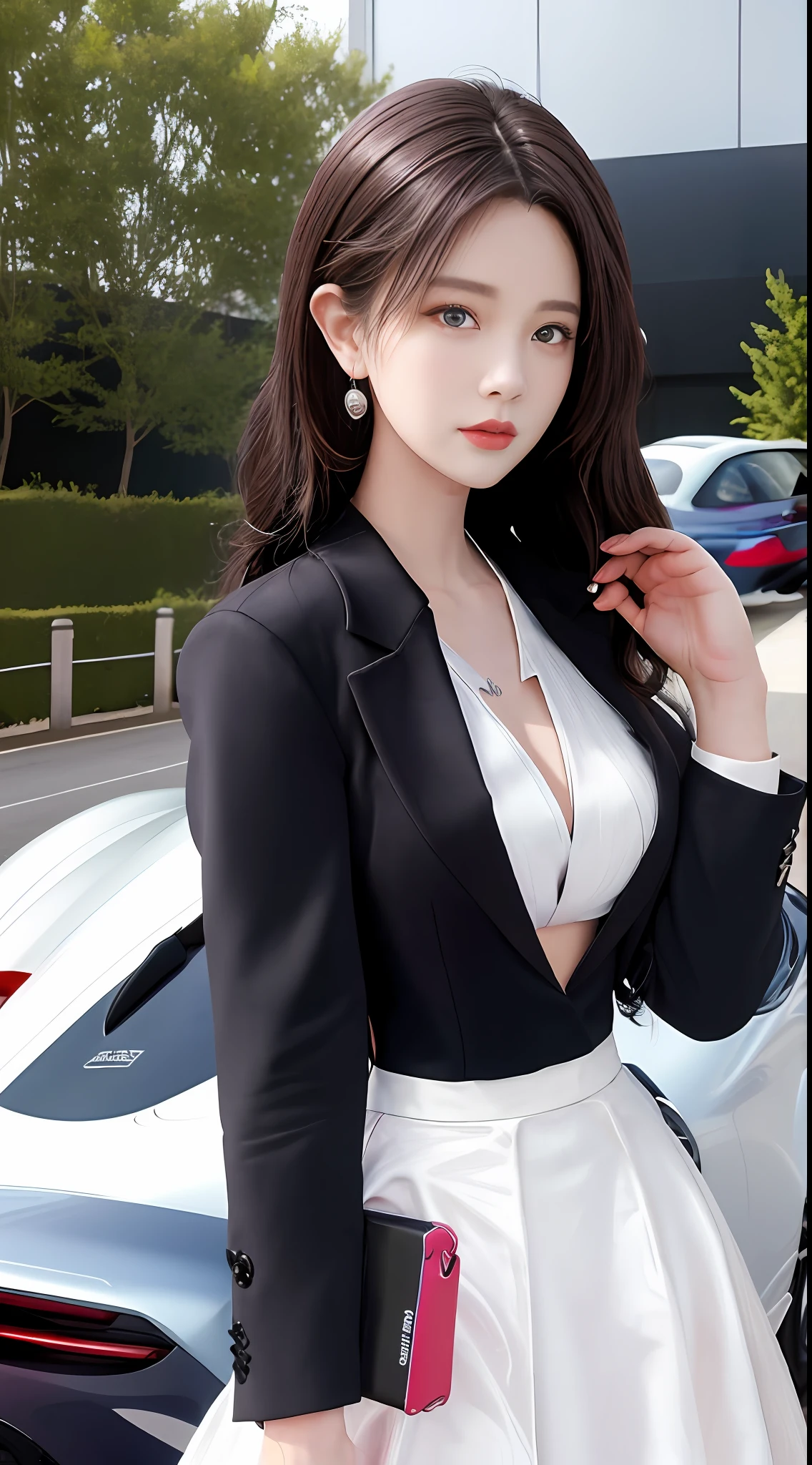 (Porsche sports car in background),best qualtiy, tmasterpiece, 1girll, beauitful face, (photograph realistic:1.3), edge lit, (highdetailskin:1.2), 8K UHD, digital SLR camera, high high quality, A high resolution, 4k, 8k, bokeh, absurderes, Optimal proportions of four fingers and one thumb, (realisticlying:1.3), Cute 1girl, Wearing a pink formal blazer, mediuml breasts, 【(white dresses)】,