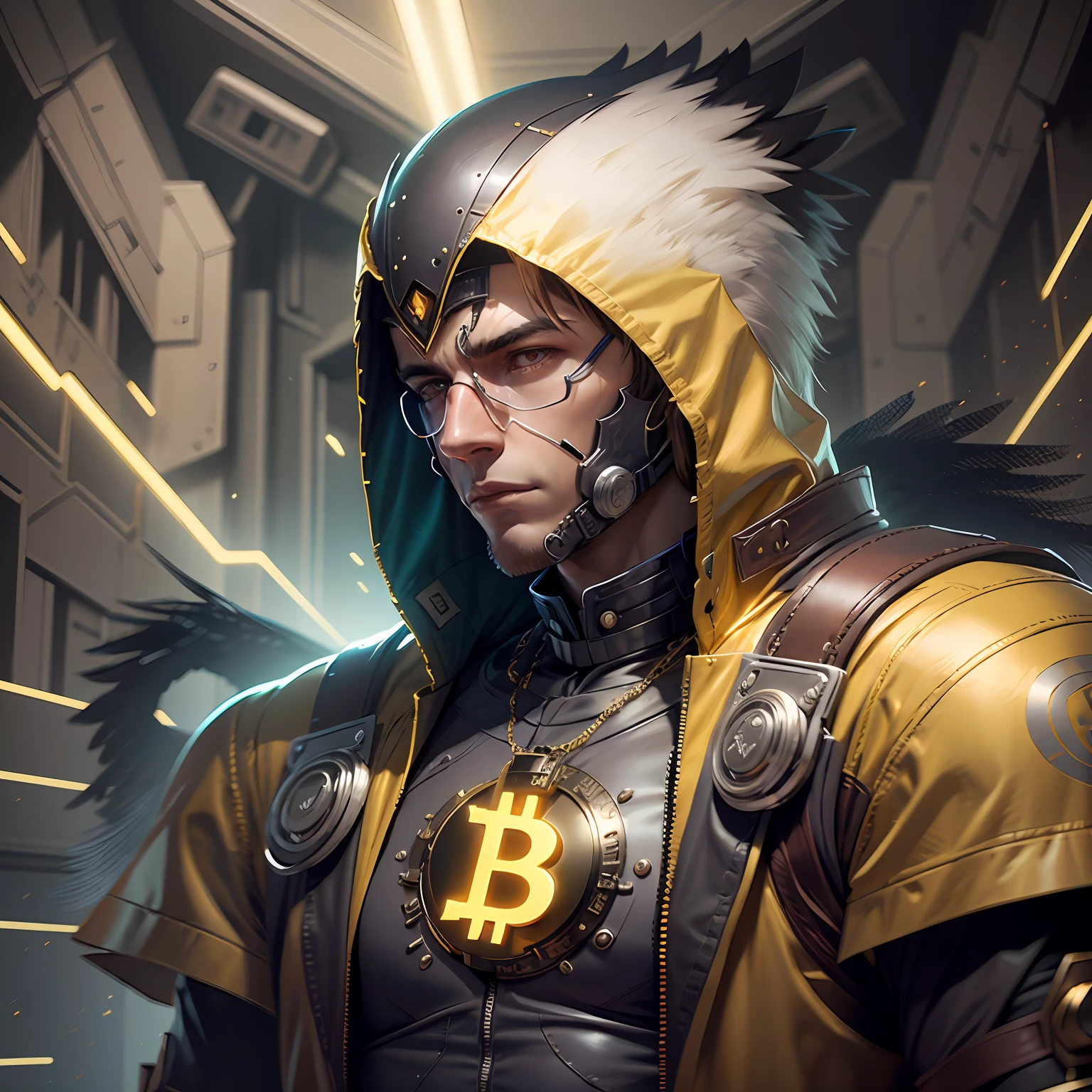 EAGLE CHARACTER, encapuzado, com colar de bitcoin, cyberpuk, red neon mask