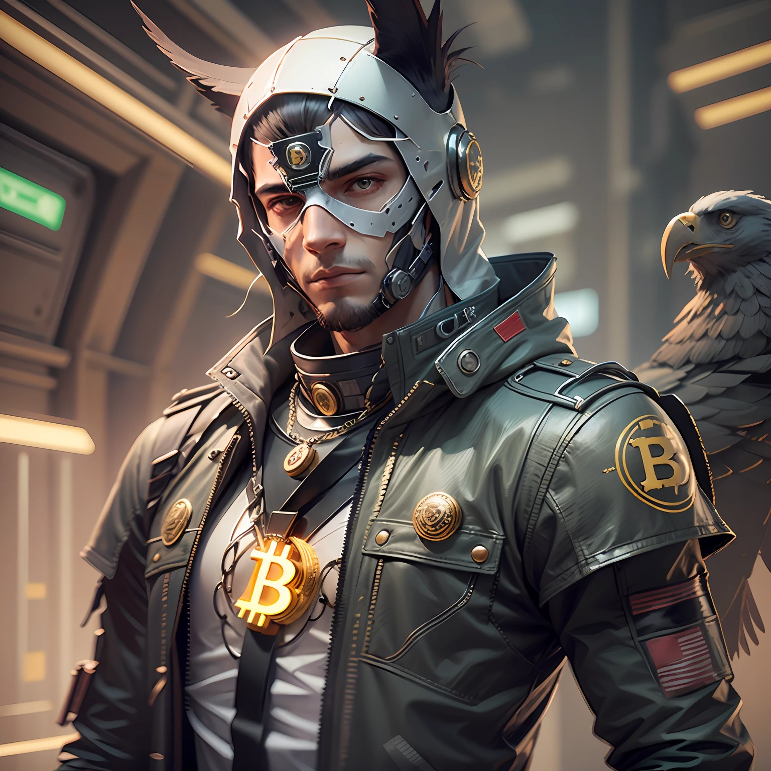 EAGLE CHARACTER, encapuzado, com colar de bitcoin, cyberpuk, red neon mask