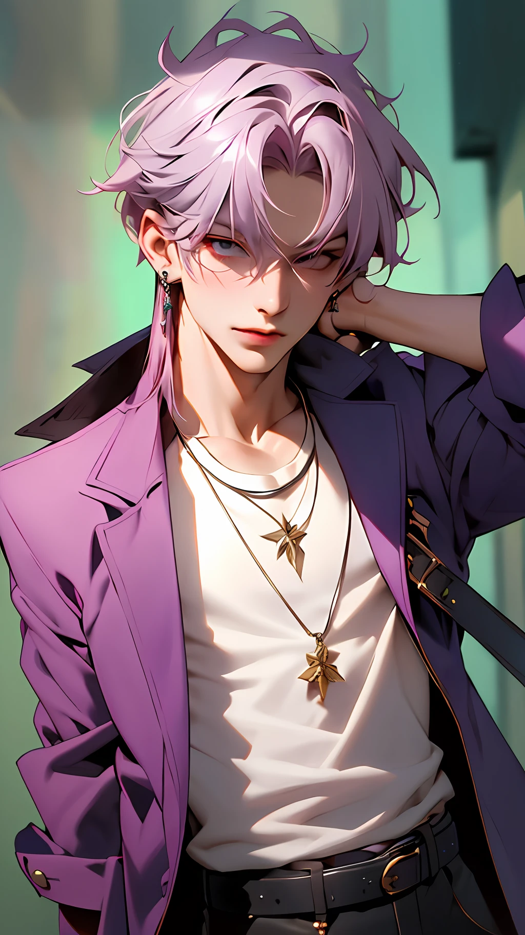 best quality, masterpiece, highres, 1boy,male,solo,upper body, sampo,purple hair,green eyes,hair over one eye,jacket,shirt,earrings,belt