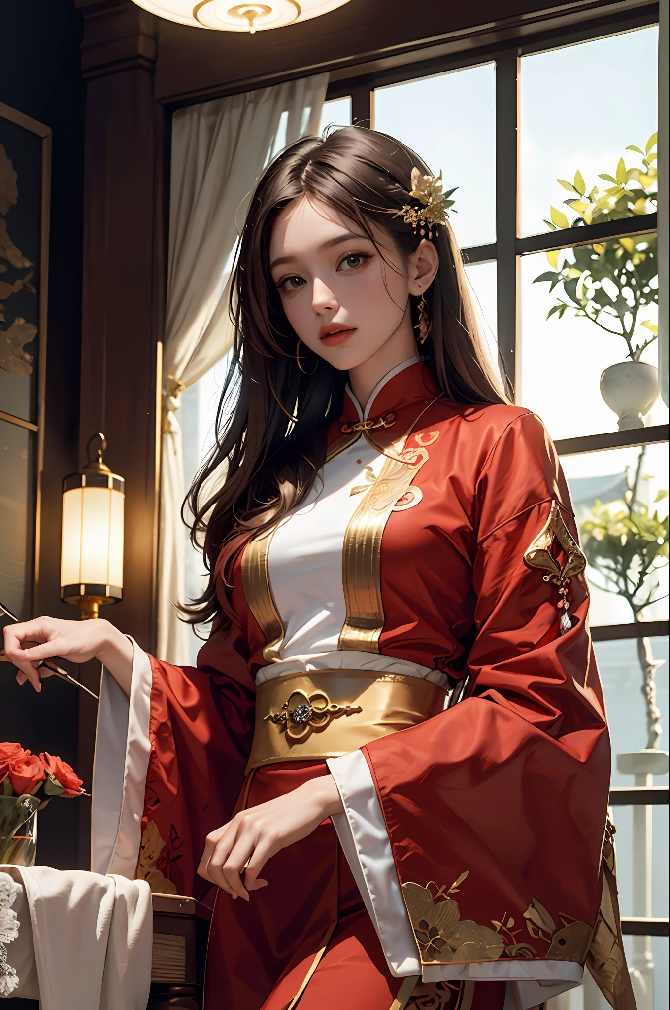 best quality, masterpiece, highres, (exquisite body:1.5),gorgeous face,(milky skin:1.3),intricate details,high resolution,wallpaper,
1girl, solo, dress, hair ornament, (((gold and red dress))), flowers, long hair, brown hair, closed mouth, jewelry, long sleeves, hand up, wide sleeves, big eyes,floating hair, chinese clothes, hanfu, embroidery, long skirt, natural pose, falling petals, indoor,fanning, lantern,
16K,HDR,highres,depth field,(film grain:1.1),boken,golden hour,(lens flare),vignette,rainbowing,(color grading:1.5)