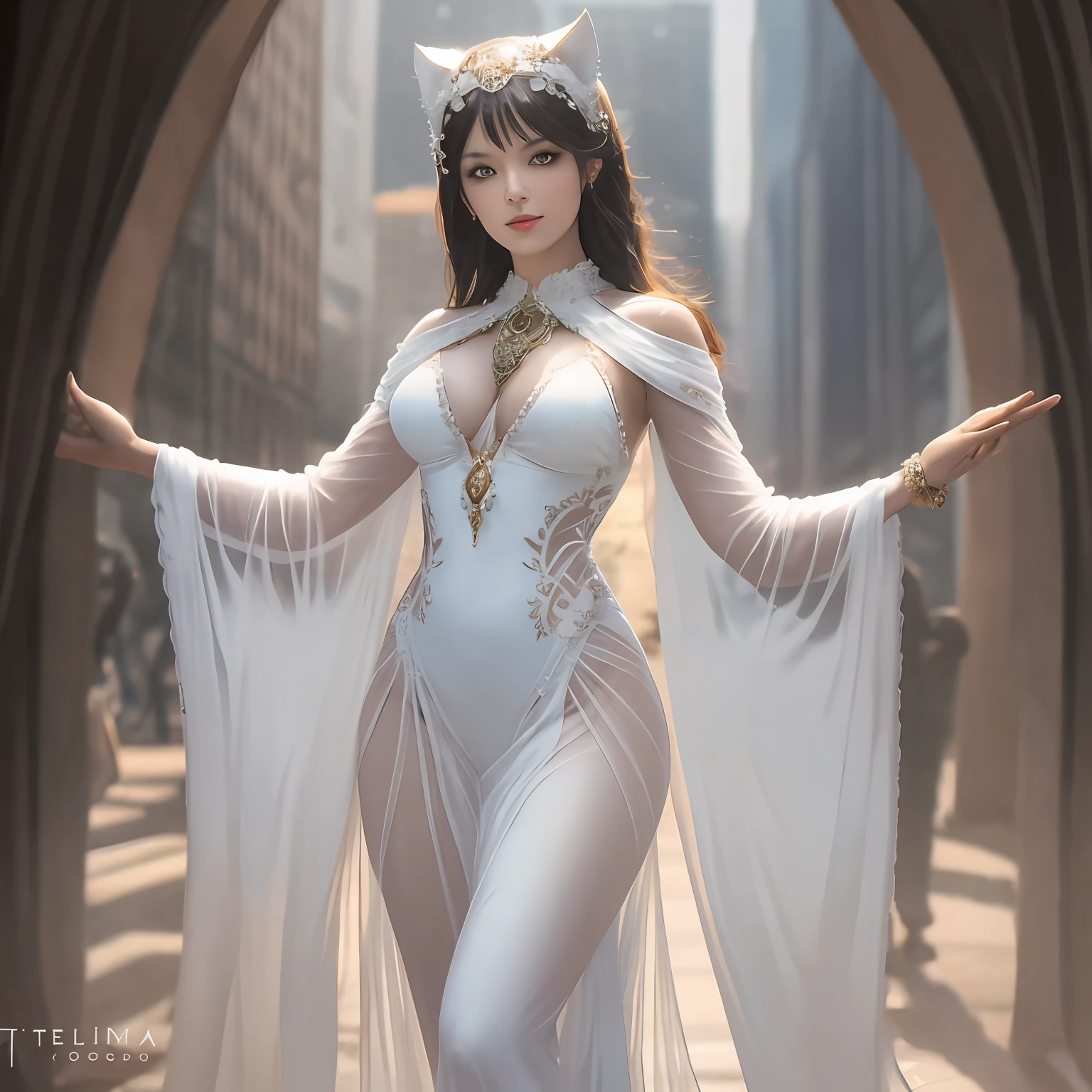 A standing full body bewitching image showcasing a powerful, captivating ancient cute white catwoman, with intricate, ornate jewelry and adorned with intricate, ornate patterns. The catwoman's glowing eyes and flowing, add an element of mystery and power to the scene. The sunlight illuminates her, casting a soft, dreamy glow on the scene. telephoto lens, f/2.8 aperture, warm tones