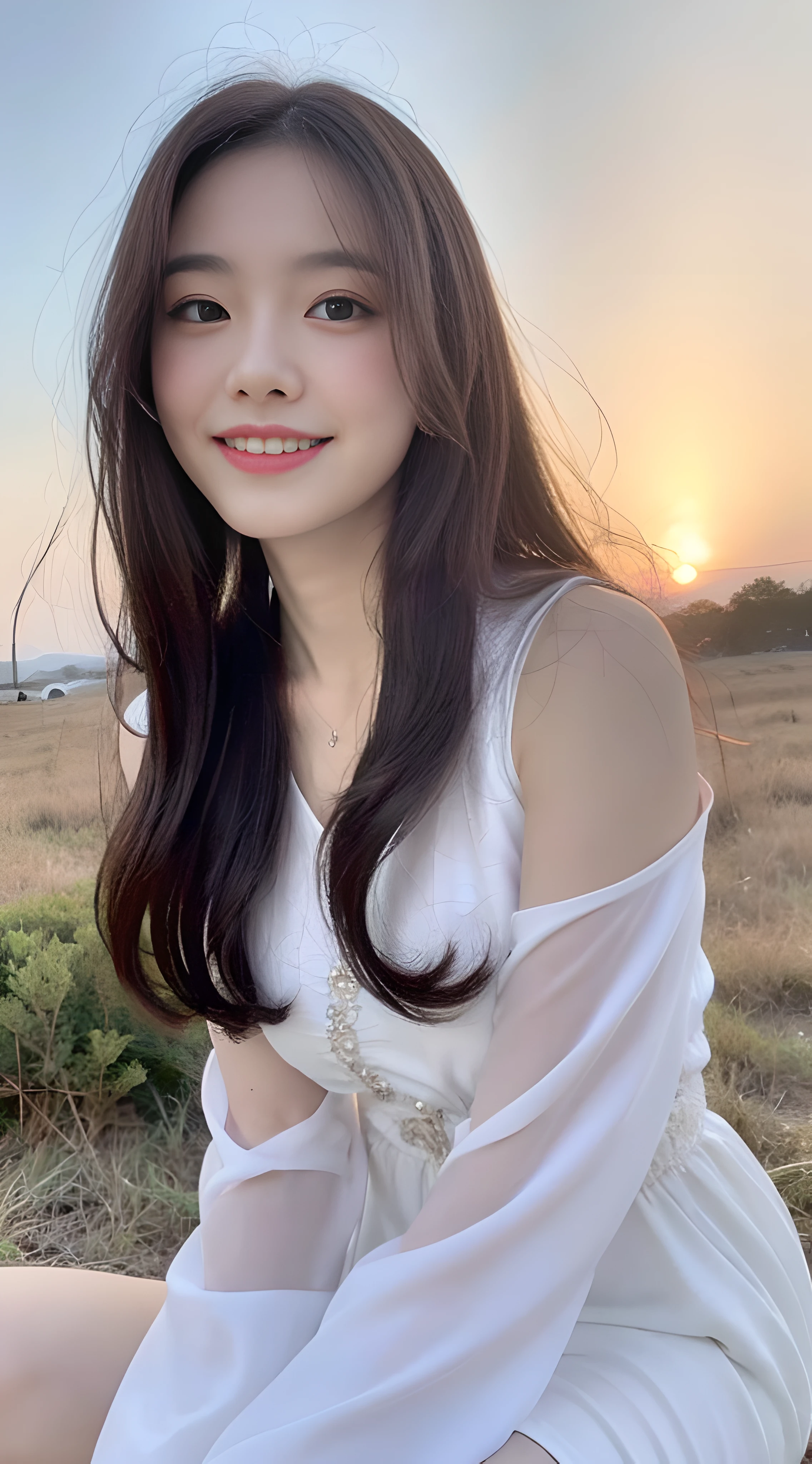 (1 Korean star with royal sister style), ((Best quality, 8K, 巨作: 1.3)), focal point: 1.2, Perfect body proportions: 1.4, (Make a smile), (Sunset: 1.3), Watery eyes, Highly Detailed Face and Skin Textur, Fine eyes, Double eyelids, Whitens the skin, (long whitr hair, Air bangs: 1.3), (Round face inches: 1.5), (Dress 1.4), (Sketch 1:2,) (with blue sky and white clouds,Sitting on the Steppe)