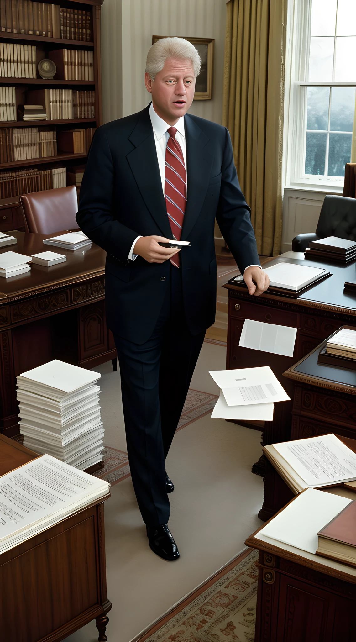 (masterpiece, high resolution, photo-realistic:1.4), President Bill Clinton, (mid-1990s business suit:1.2), searching intensely, desk drawers flung open, papers, files, (chaos of scattered documents on the floor:1.3), iconic Oval Office, historical photographs, American flags, bookcases, (concentration etched deeply in his face:1.2), warm indoor lighting, dynamic angle, side view, mid-action