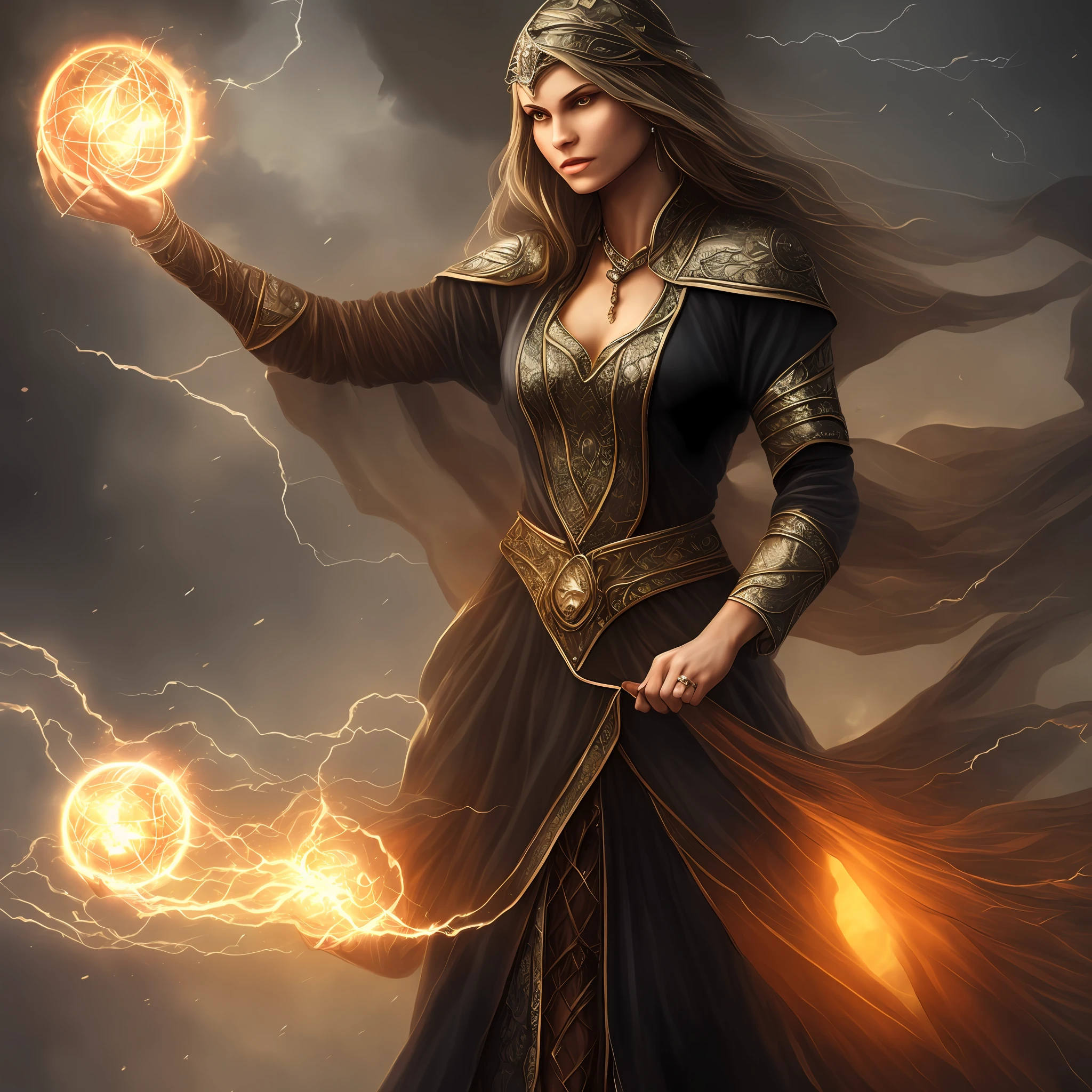 Very realistic image. Powerful, thin female sorceress in black clothing holding an orb of energy in her left hand. Fantasy genre, clothing with medieval details. Realistic image. --auto