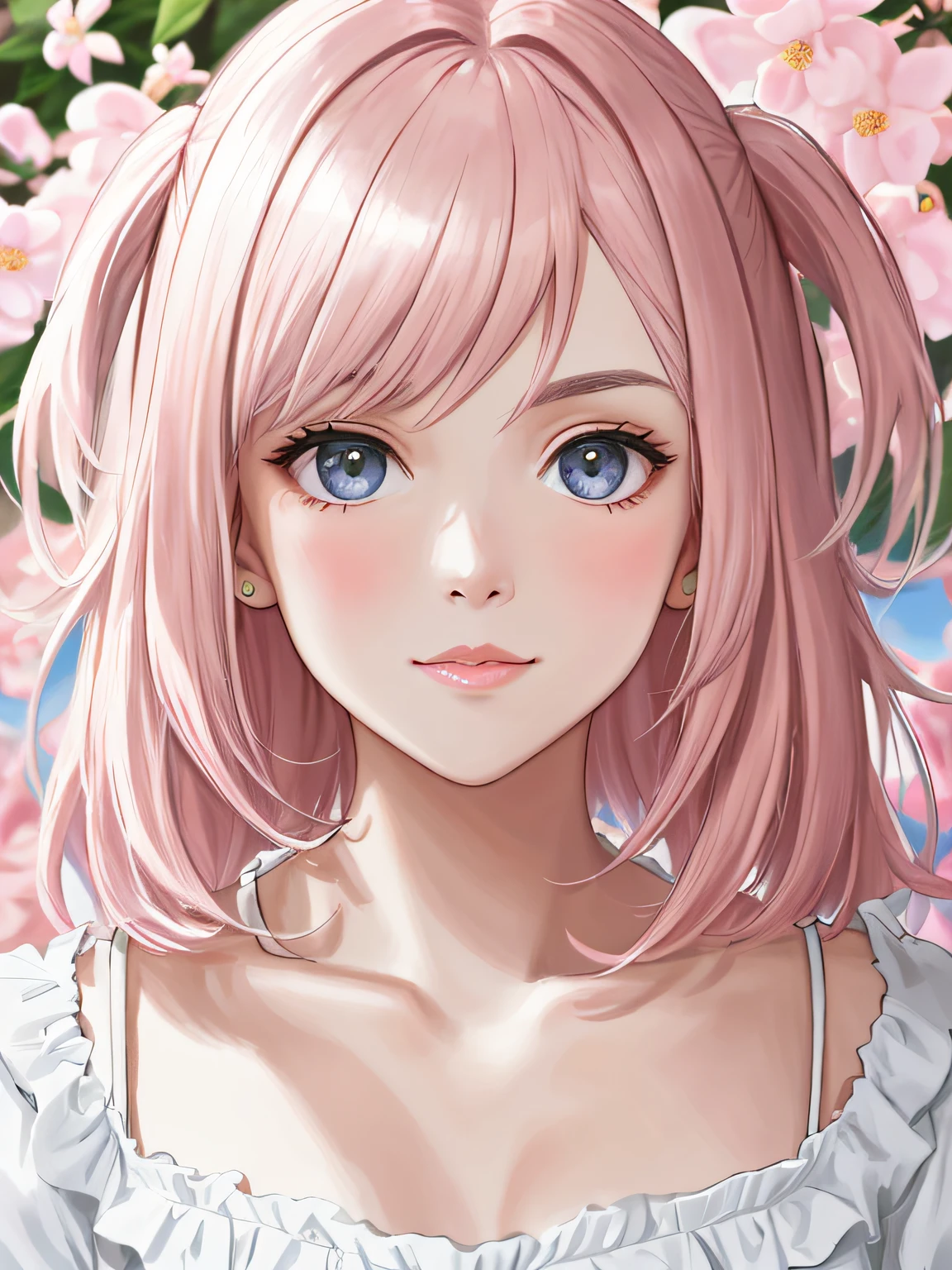 Obra-prima 8K superlativa, mulher anime, Retrato realista do vento frio, Sister, mulher de cabelo longo branco prateado, cabelos longos, light pink lips, franja calma e racional, pupilas cinzentas, fundo da flor, petals dancing, rosto delicado
