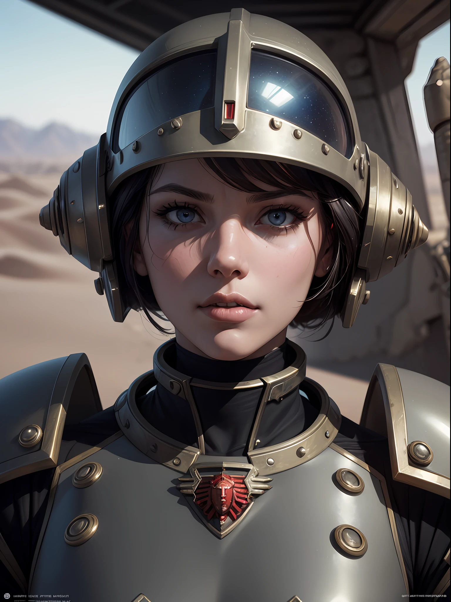 digital portrait of a Space Marine woman, pronounced feminine feature, red and blue alloy metal heavy space armour, in the desert, detailed, cinematic composition, power space armour, intricate details, eerie, highly detailed, 8k, art by artgerm and greg rutkowski and alphonse mucha, poor quality photo, blurry, reflective metal, 4k, 8k