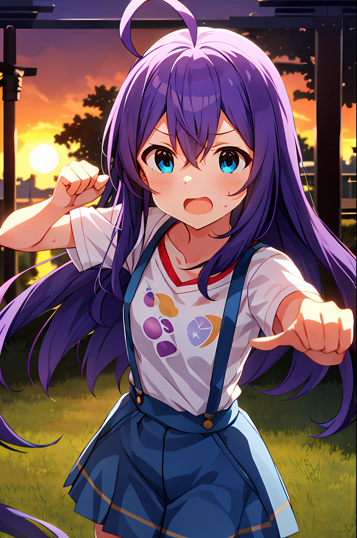 mochizuki anna,1girl in,Solo,Long hair,Purple hair,Medium chest.Ahoge,Blue eyes.Short stature.white t-shirts.suspenders.Skirt.Evening glow.the setting sun.Despair face.Sweat.Opening Mouth.up chest.fighting stance.Clench your fists.