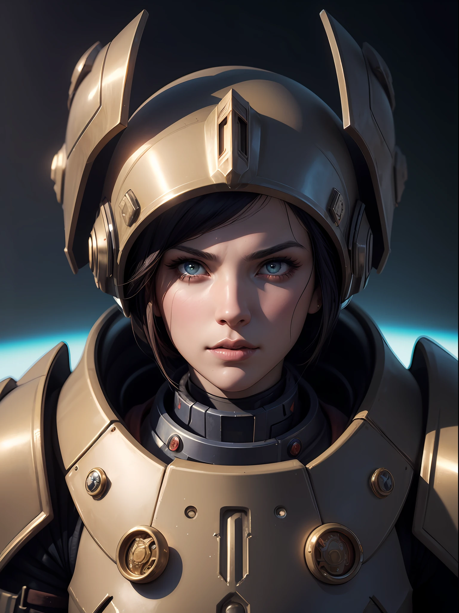 digital portrait of a Space Marine woman, pronounced feminine feature, red and blue alloy metal heavy space armour, in the desert, detailed, cinematic composition, power space armour, intricate details, eerie, highly detailed, 8k, art by artgerm and greg rutkowski and alphonse mucha, poor quality photo, blurry, reflective metal, 4k, 8k