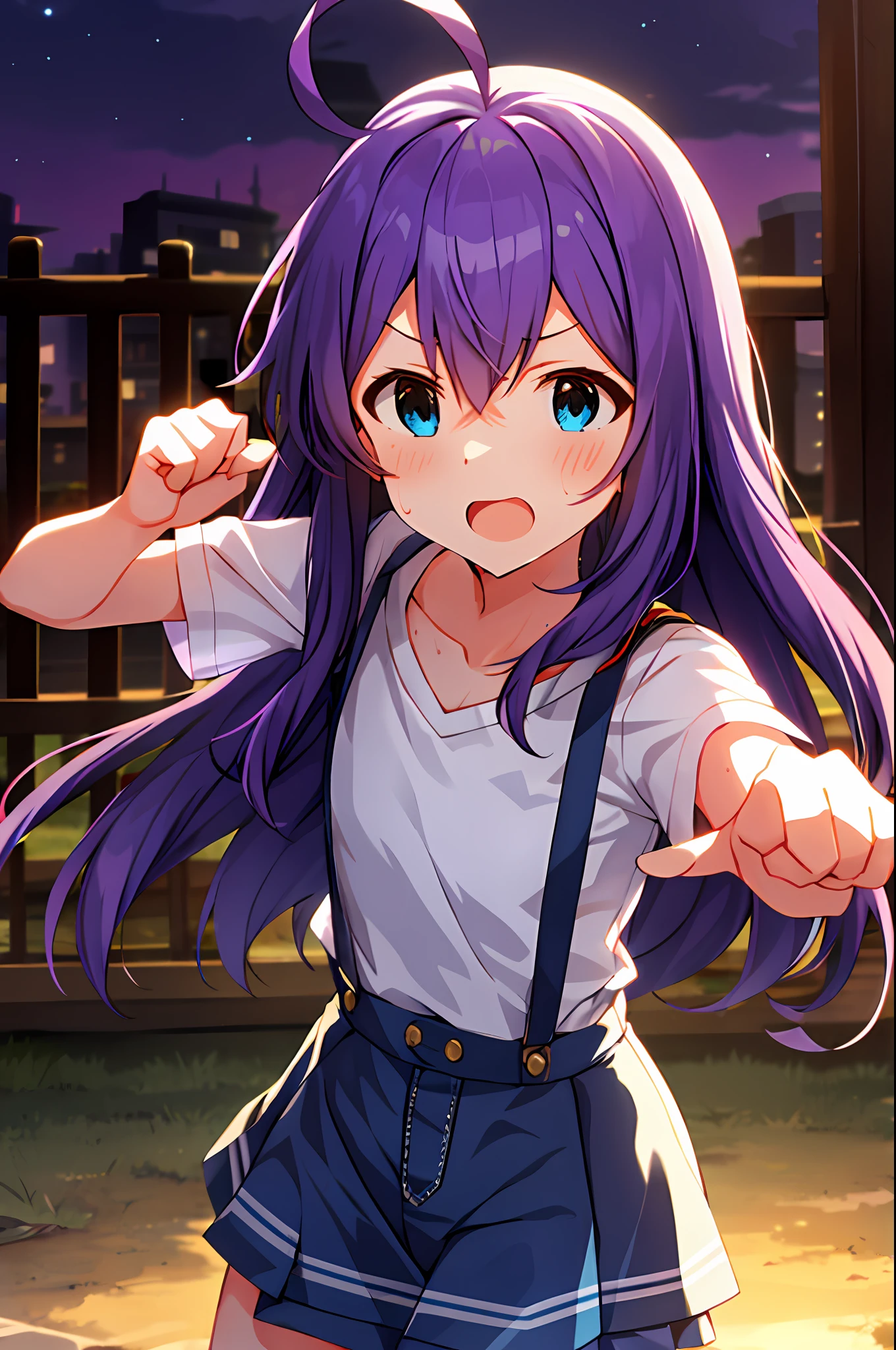 mochizuki anna,1girl in,Solo,Long hair,Purple hair,Medium chest.Ahoge,Blue eyes.Short stature.white t-shirts.suspenders.Skirt.Evening glow.the setting sun.Despair face.Sweat.Opening Mouth.up chest.fighting stance.Clench your fists.