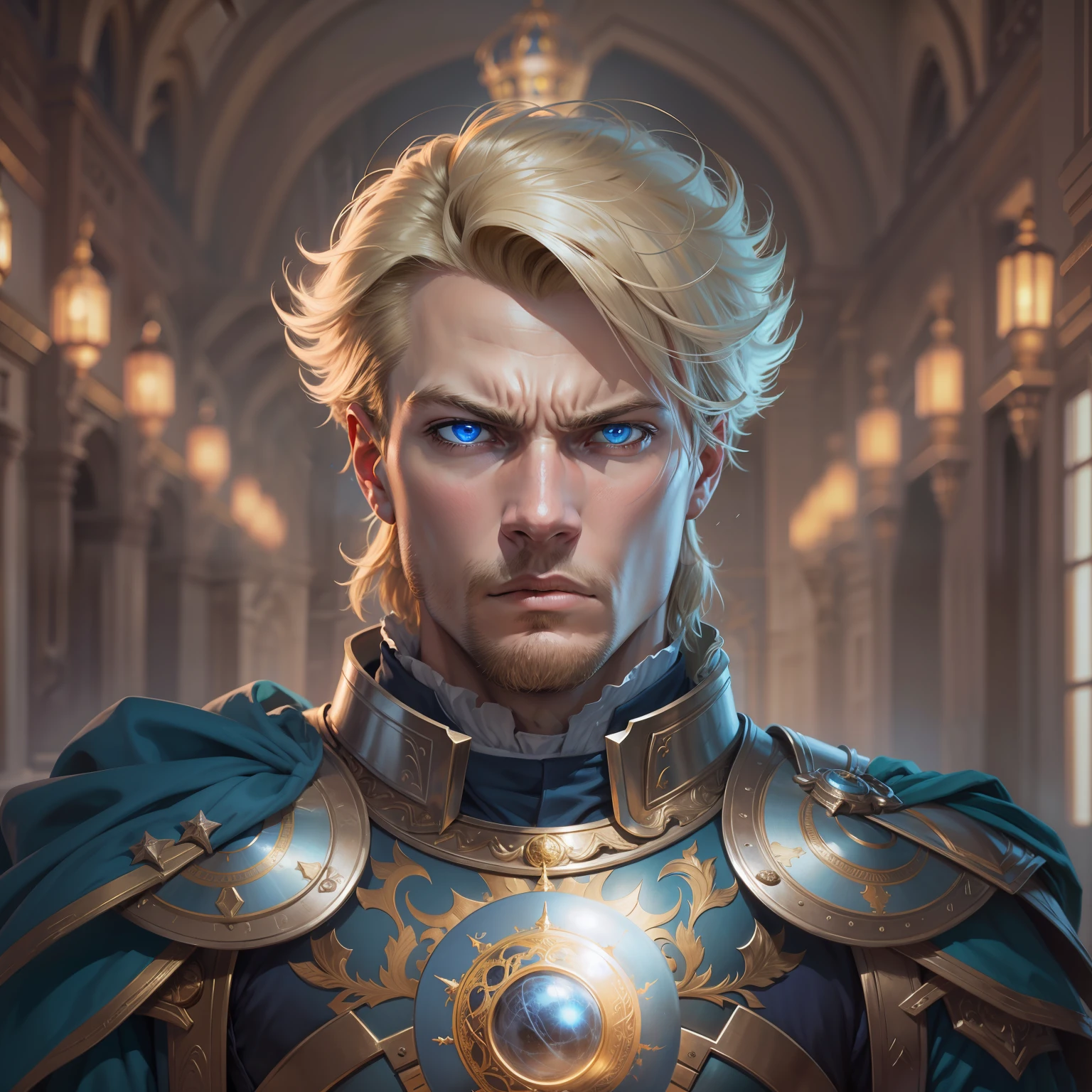 realistic image a blond man with short hair, 35 years old, blue eyes, angry expression, dressed in clerical attire with silver armor on his chest and with golden shoulder pads, holding a blue energy sphere in a wide hall of a royal palace