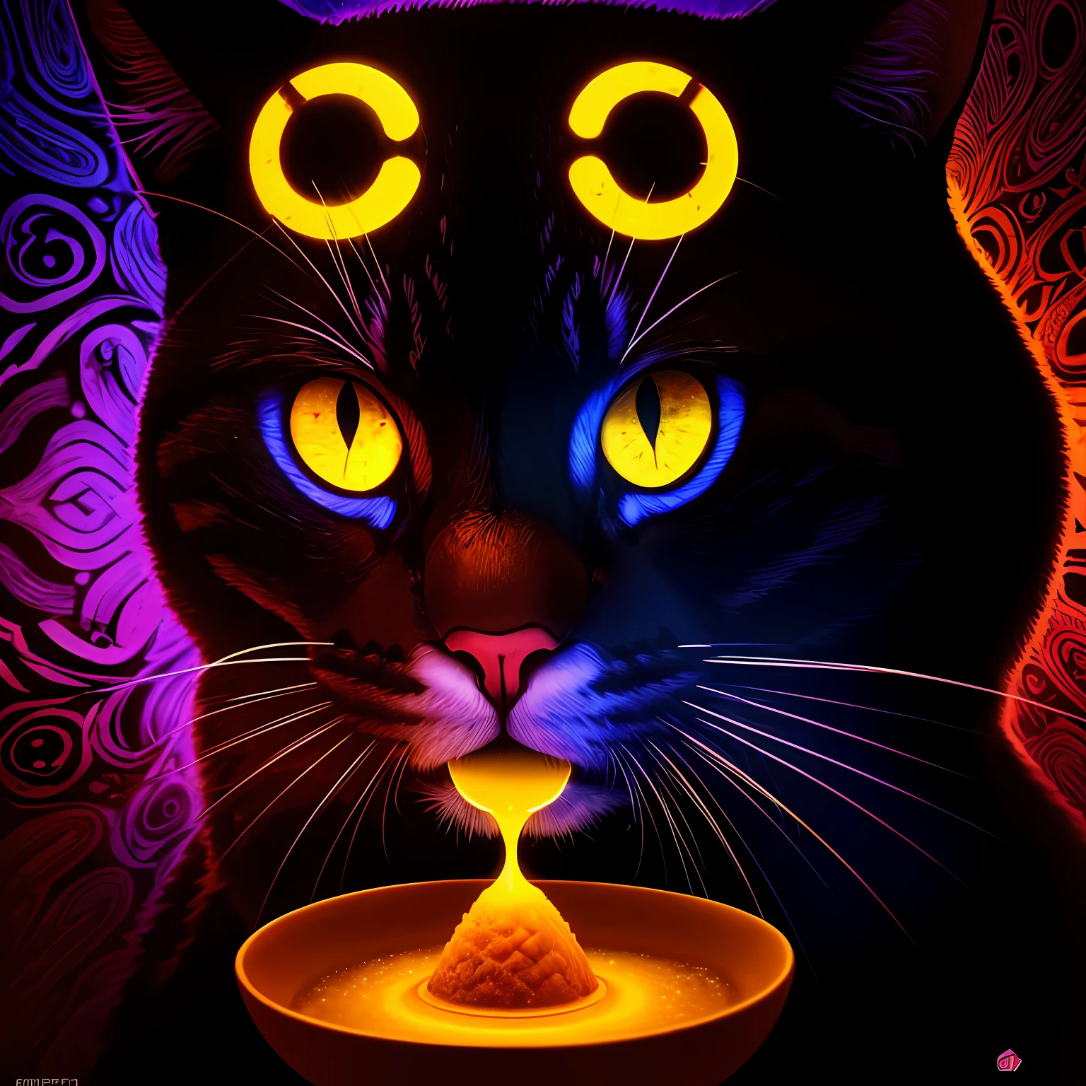 foto retrato, proffisional illumination, gato amarelo comendo cogumelo, with psychedelic background
