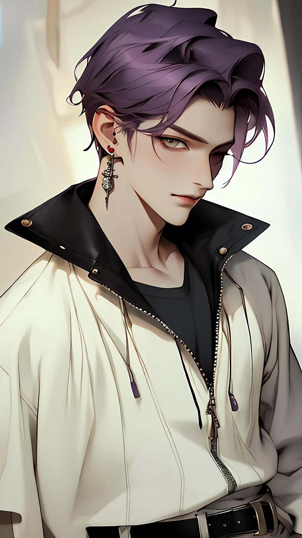 best quality, masterpiece, highres, 1boy,male,solo,upper body, sampo,purple hair,green eyes,hair over one eye,jacket,shirt,earrings,belt