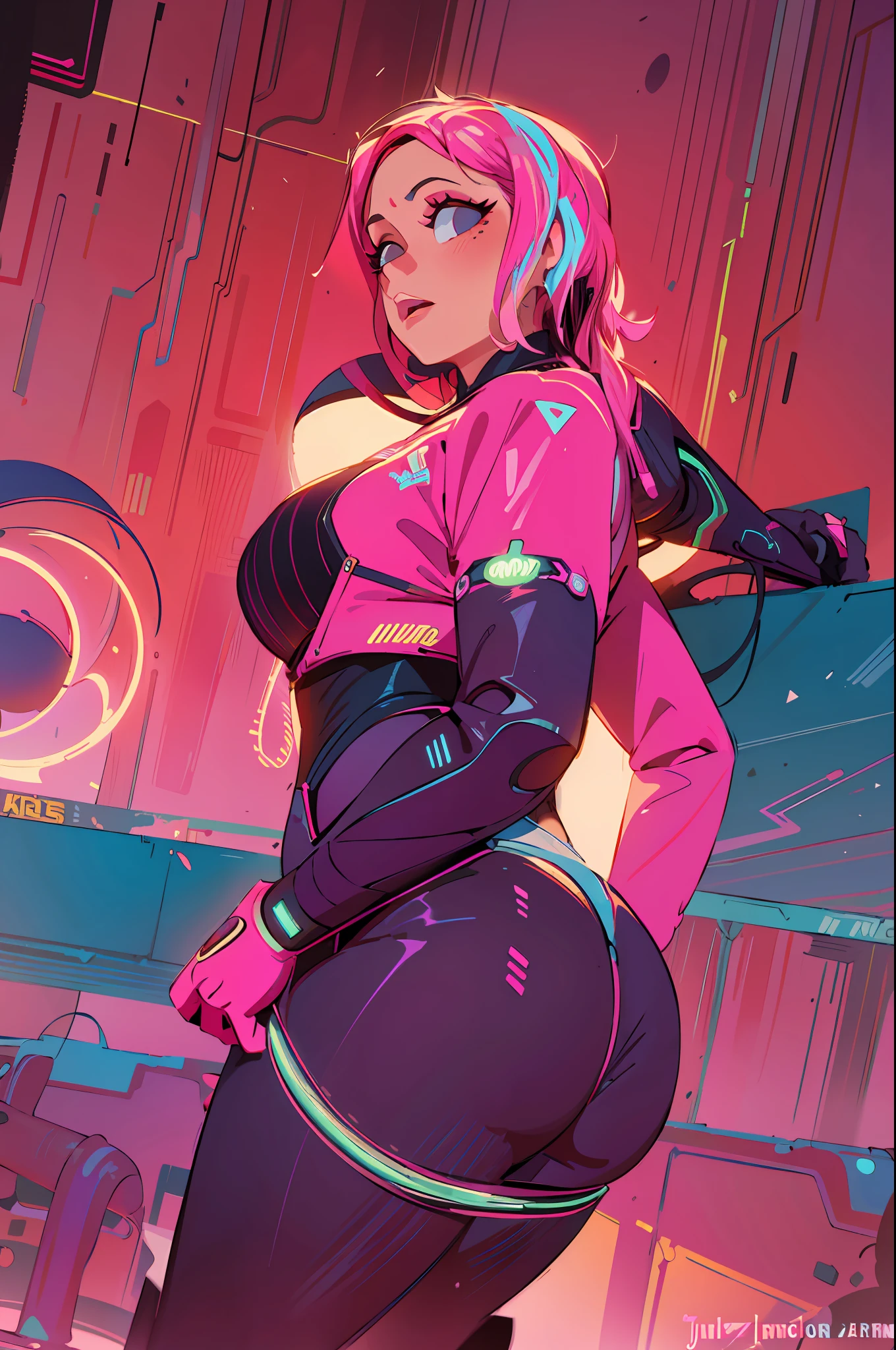 uma pintura digital de uma mulher de cabelos rosa, arte cyberpunk de Josan Gonzalez, vencedora do concurso behance, afrofuturismo, synthwave, neon, neon brilhante