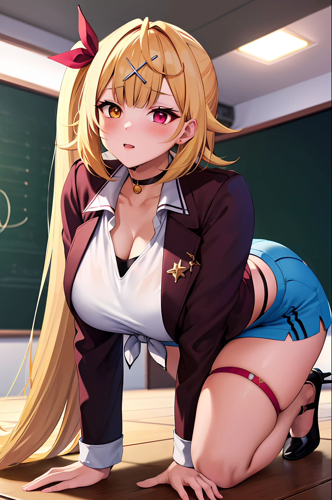 masterpiece, top-quality, hight resolution, HS1, red eyes, yellow eyes, side poneyTail, X Hair Ornament, Thigh strap, Blue shorts, front-tie top, Hair Ribbon, Midriff, shortpants, Pantyhose Strap, white shirt, Black Choker, Open jacket, cowboy shot, (masterpiece、top-quality、hightquality:1.4)、Professional artwork、intricate-detail、field of views、Sharp Focus、detailed paintings、masterpiece、lighting like a movie、Pixiv Trends、(Vibrant lighting、vivd colour、Nagasawa Ashiyukisaku:1.05 )、(a matural female、A MILF:1.1)、(M-shaped legs:1.1)、(sexy pose:1.1)独奏、(Curvaceous:1.1)、standing near chalkboard、Have chalk、Classroom、(FULL BODYSHOT:1.1)、length hair、lipsticks、make - up、Ultra Detail Hair、ultra detail face、(Purple Eye:1.05)、perfecteyes、Perfect face、耳环、(disarray、red blush:1.2)、The shirt、jaket、(Black Niso、garterbelts:1.1)、Absolute area、pencil skirts、student clothes、high-heels、(Colossal tits:1.1)、cleavage of the breast、big butts、thighs thighs thighs thighs、all-fours、yes、Sit-in、Whip whip、Butt perspective、To the buttocks、It's wet、Sheer clothing、